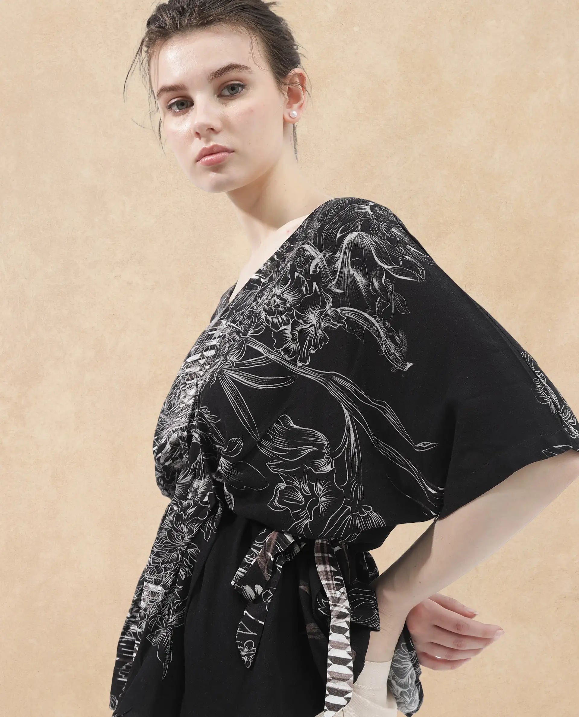 Rareism Women Rufu Black Viscose Fabric Short Sleeve V-Neck Wrap Floral Print Relaxed Fit Top