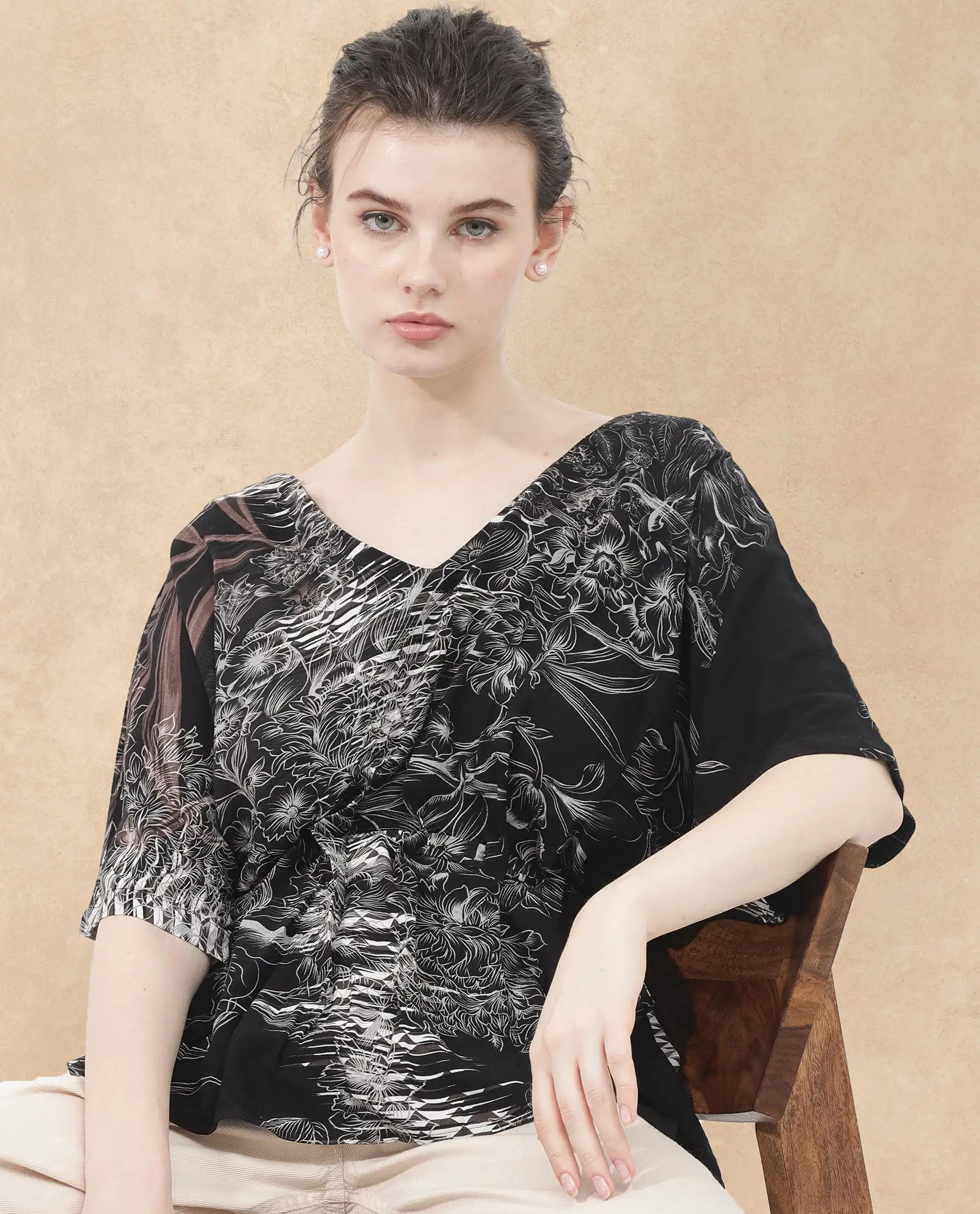 Rareism Women Rufu Black Viscose Fabric Short Sleeve V-Neck Wrap Floral Print Relaxed Fit Top