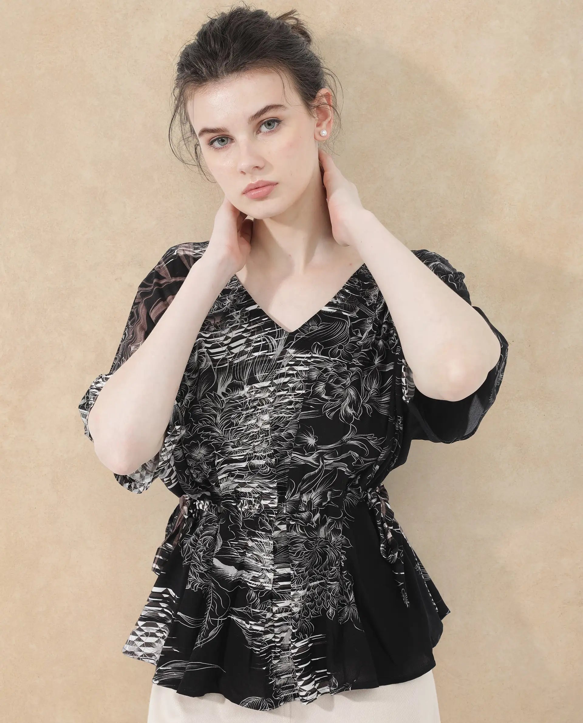 Rareism Women Rufu Black Viscose Fabric Short Sleeve V-Neck Wrap Floral Print Relaxed Fit Top