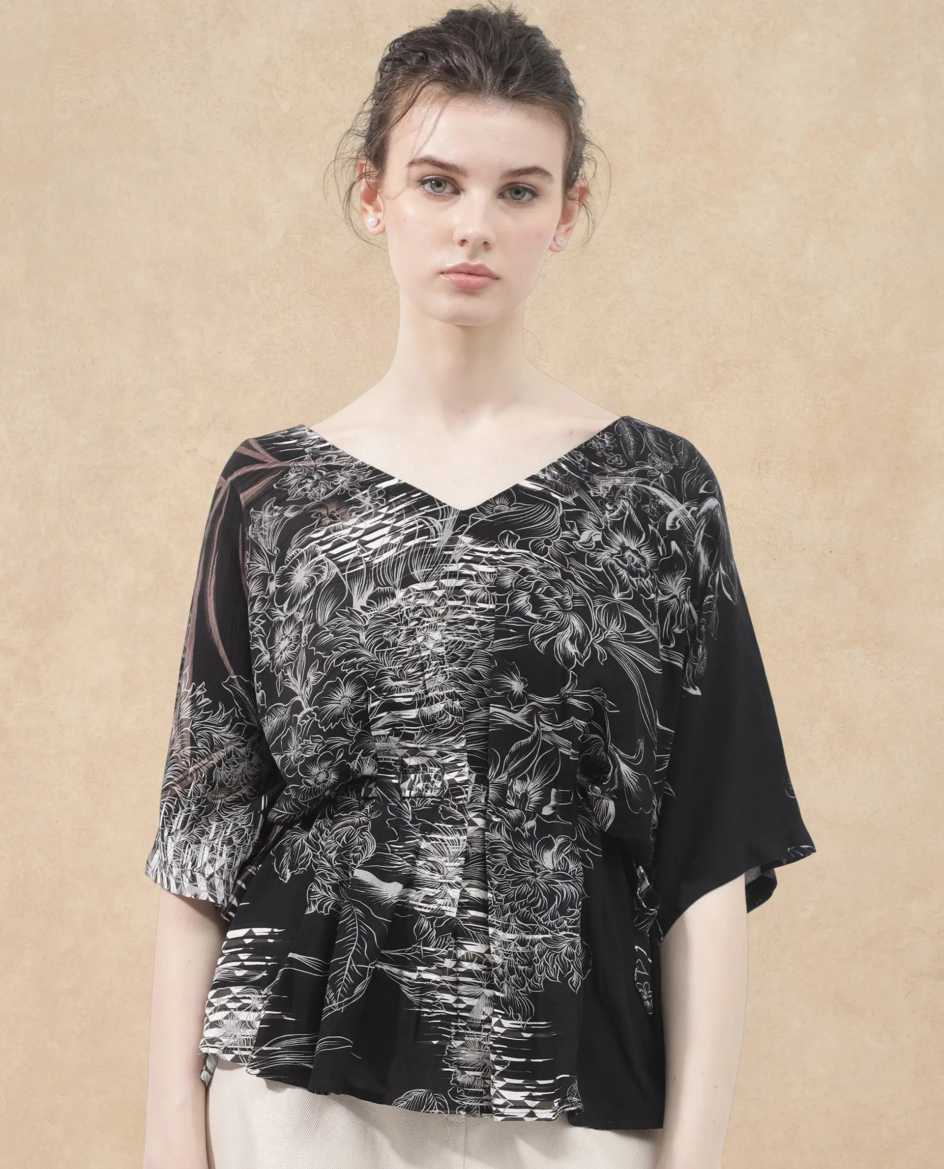 Rareism Women Rufu Black Viscose Fabric Short Sleeve V-Neck Wrap Floral Print Relaxed Fit Top