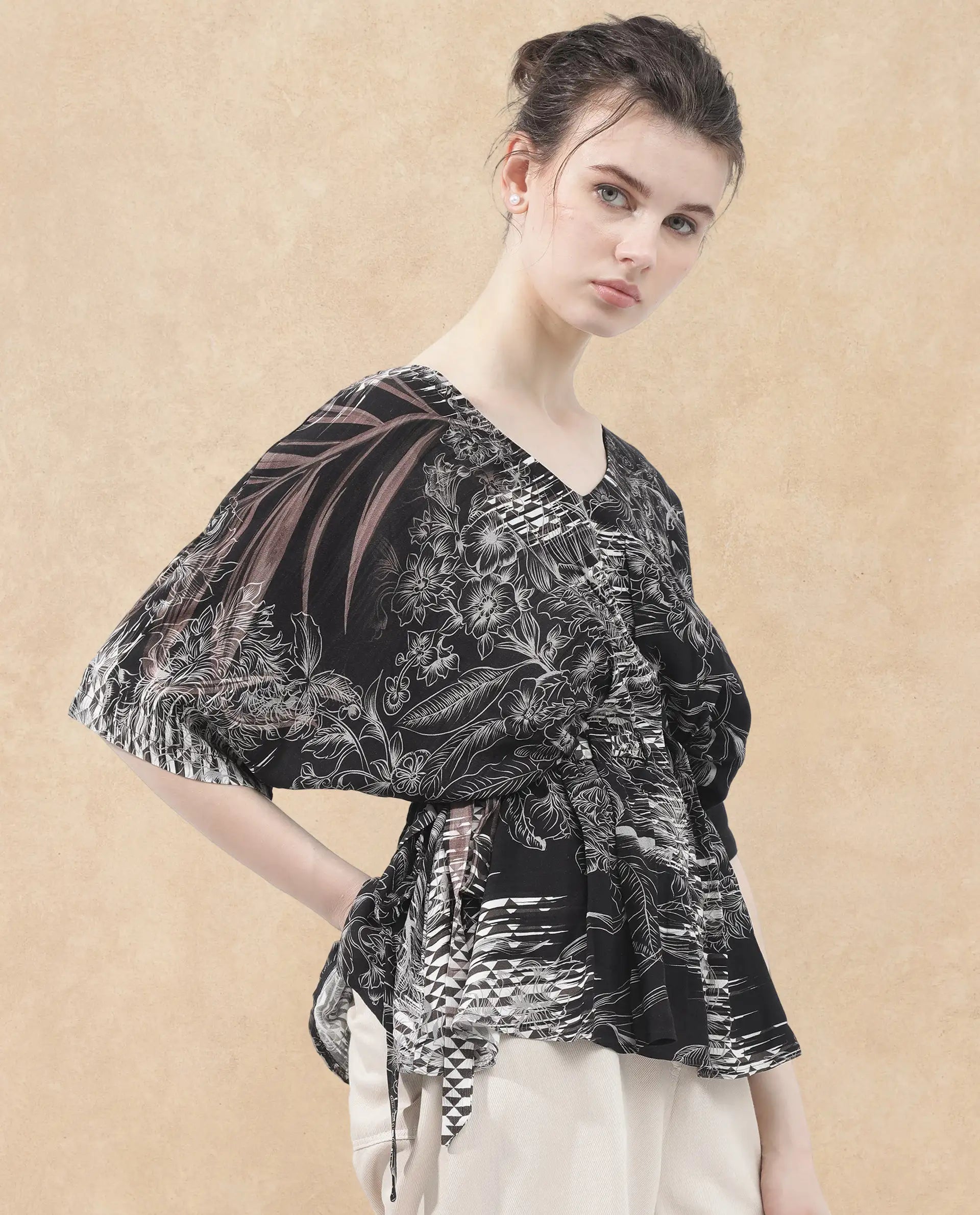 Rareism Women Rufu Black Viscose Fabric Short Sleeve V-Neck Wrap Floral Print Relaxed Fit Top