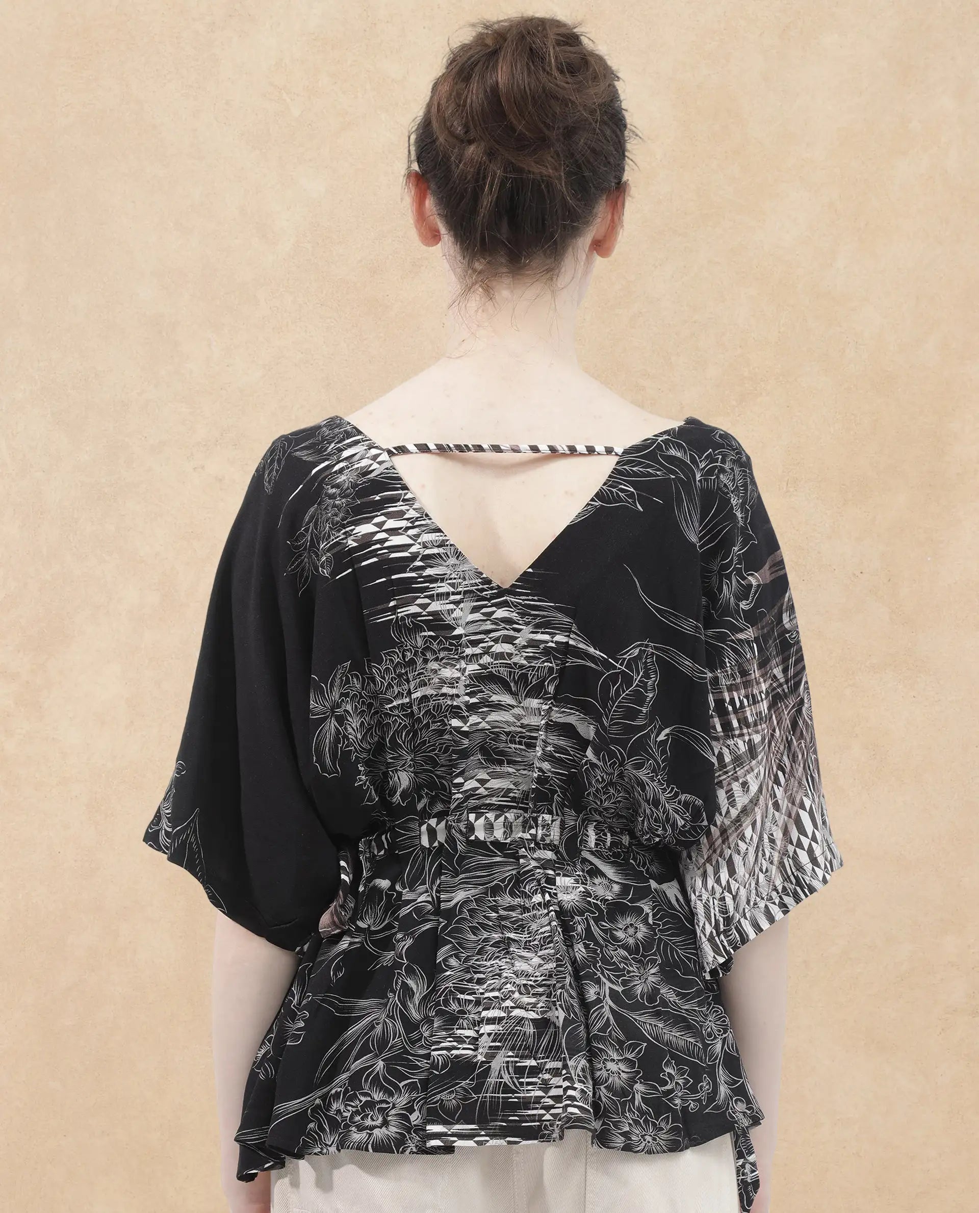 Rareism Women Rufu Black Viscose Fabric Short Sleeve V-Neck Wrap Floral Print Relaxed Fit Top