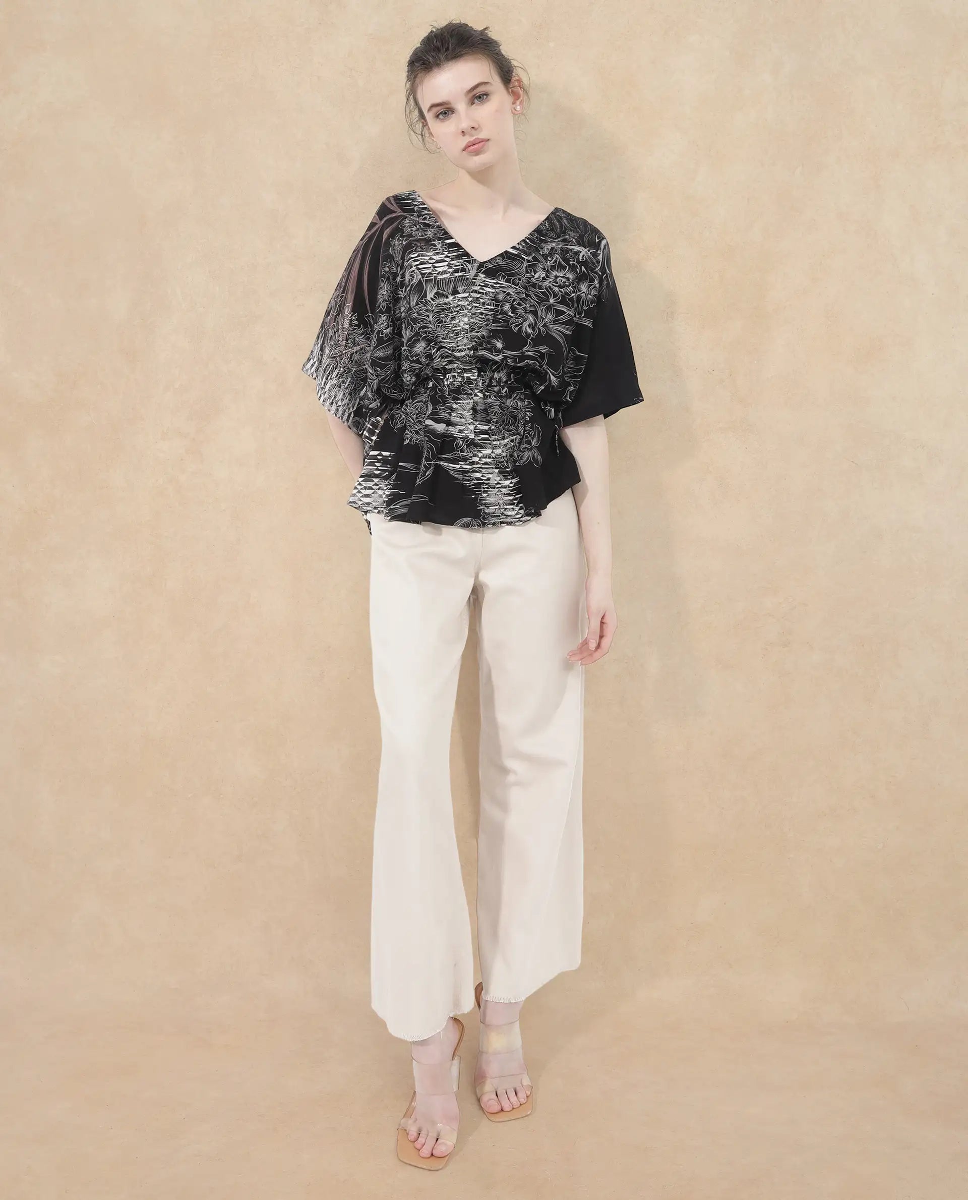 Rareism Women Rufu Black Viscose Fabric Short Sleeve V-Neck Wrap Floral Print Relaxed Fit Top