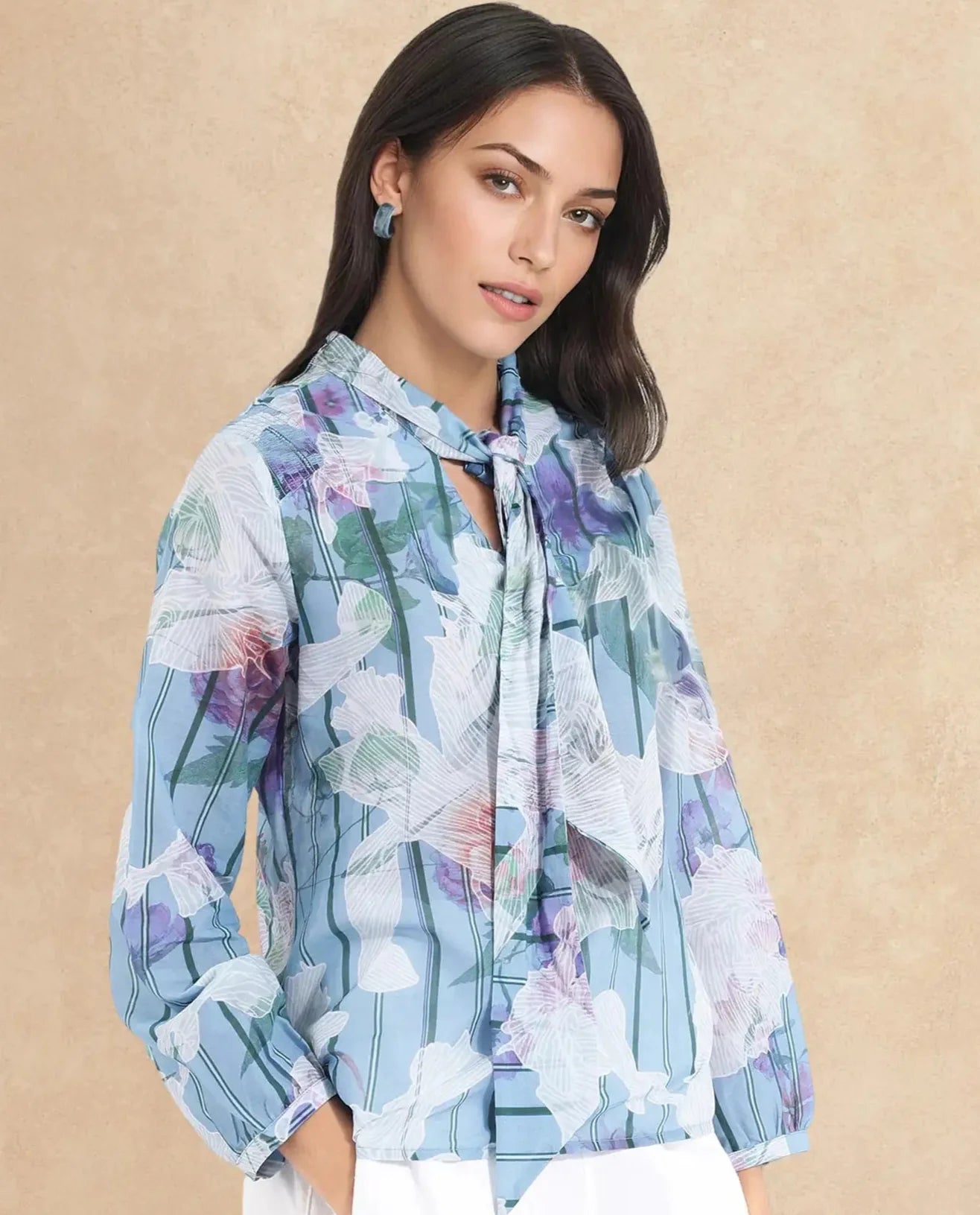 Rareism Women Rush Blue Cuffed Sleeve Tie Up Neck  Fit And Flare Floral Print Top