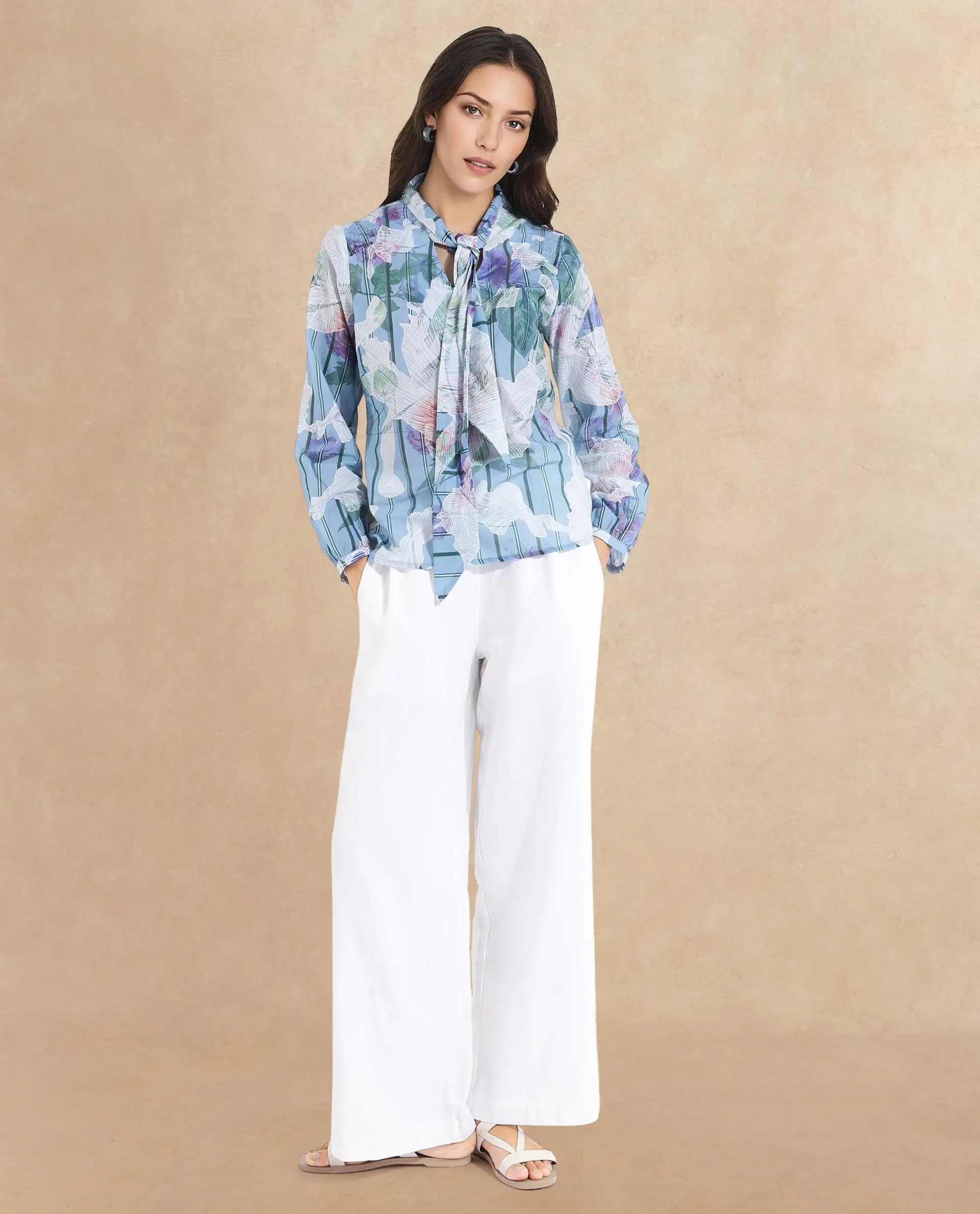 Rareism Women Rush Blue Cuffed Sleeve Tie Up Neck  Fit And Flare Floral Print Top