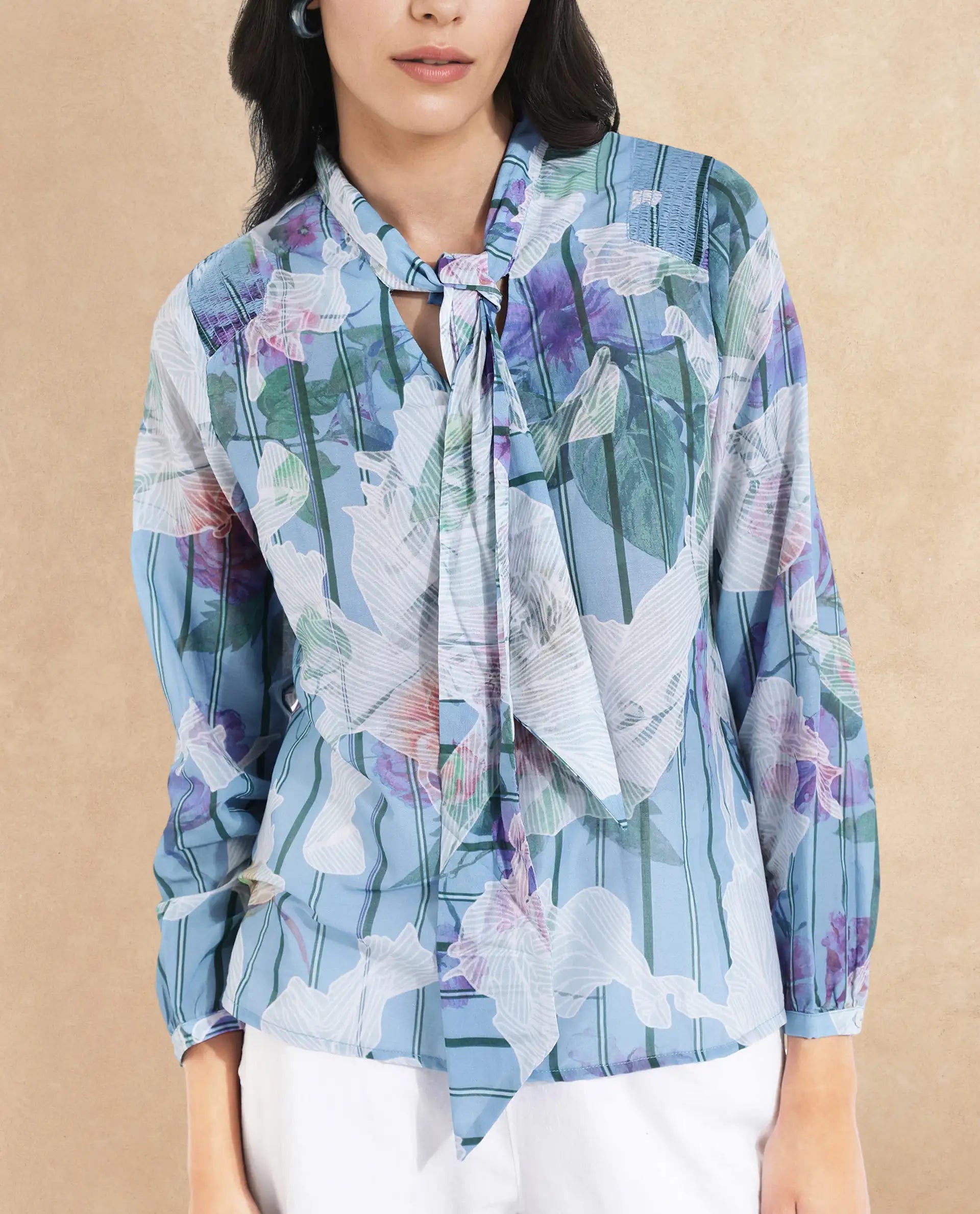 Rareism Women Rush Blue Cuffed Sleeve Tie Up Neck  Fit And Flare Floral Print Top