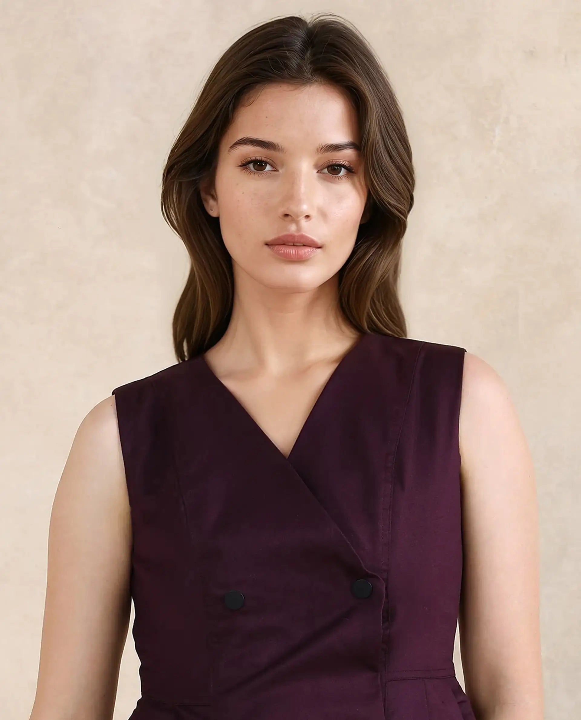 Rareism Women Rysa Purple Sleeveless V-Neck Button Closure Fit And Flare Plain Top