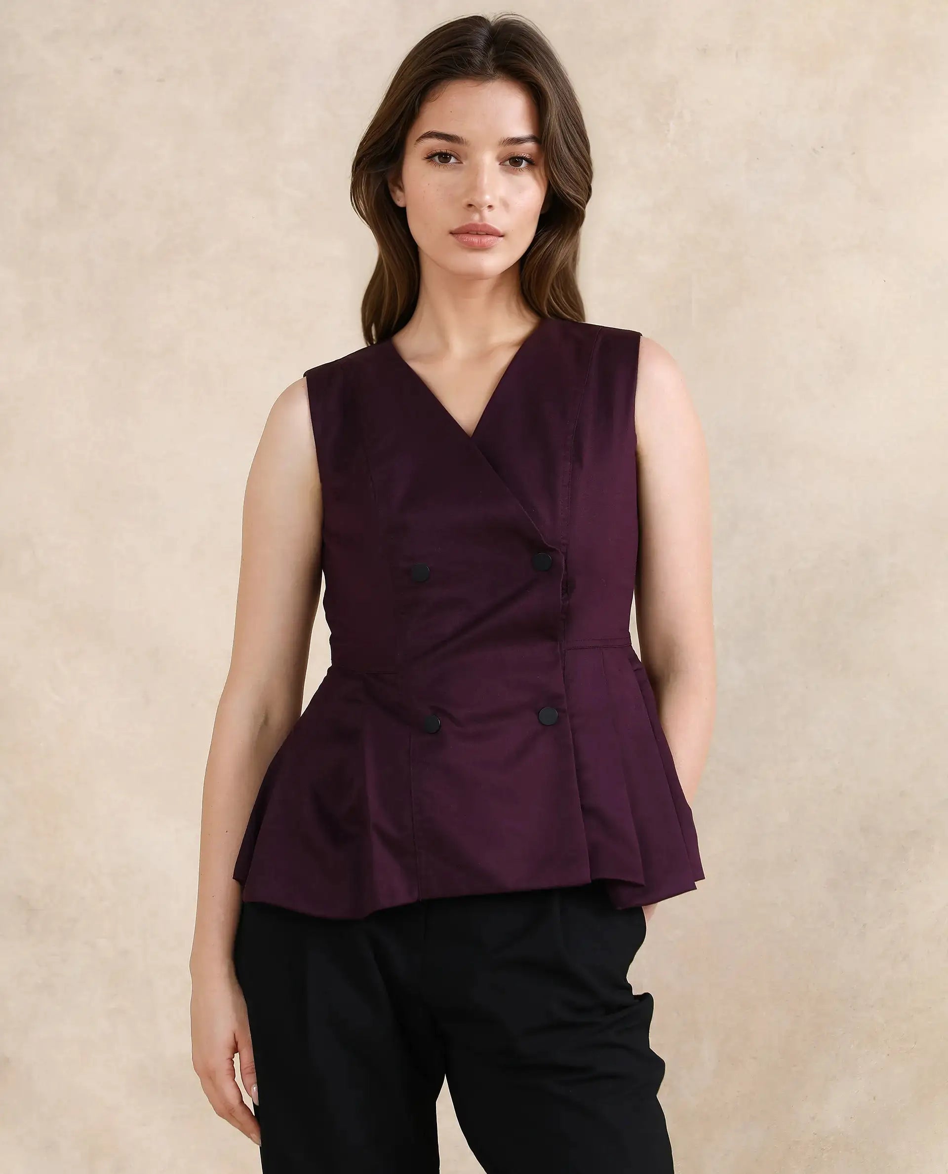 Rareism Women Rysa Purple Sleeveless V-Neck Button Closure Fit And Flare Plain Top