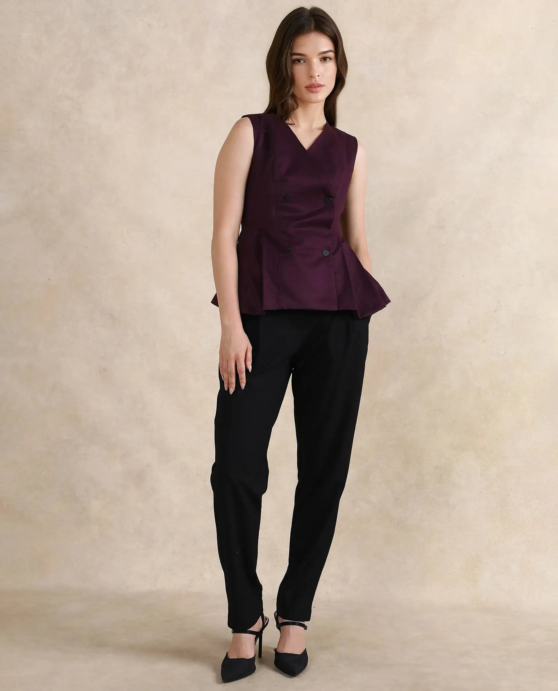 Rareism Women Rysa Purple Sleeveless V-Neck Button Closure Fit And Flare Plain Top