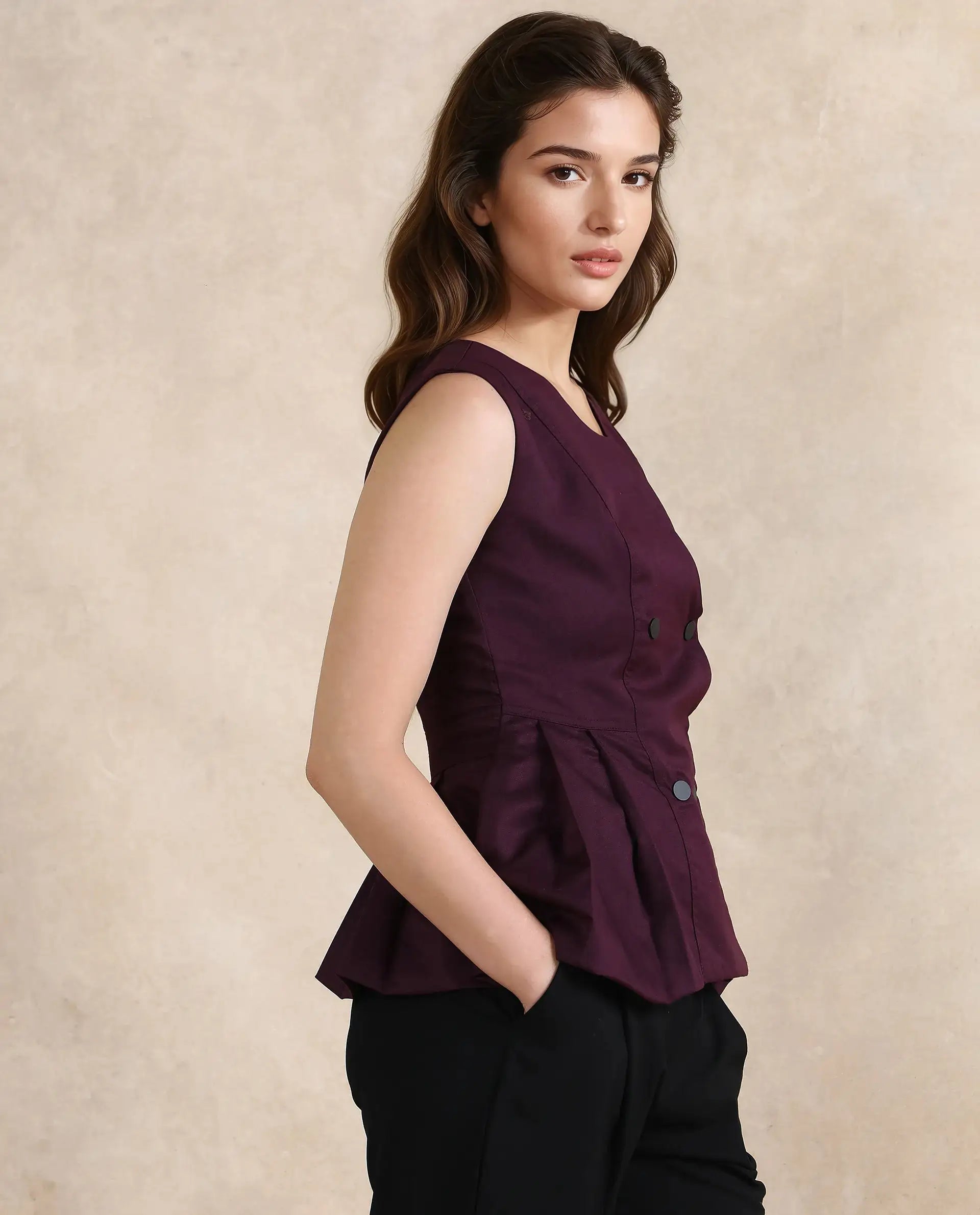 Rareism Women Rysa Purple Sleeveless V-Neck Button Closure Fit And Flare Plain Top