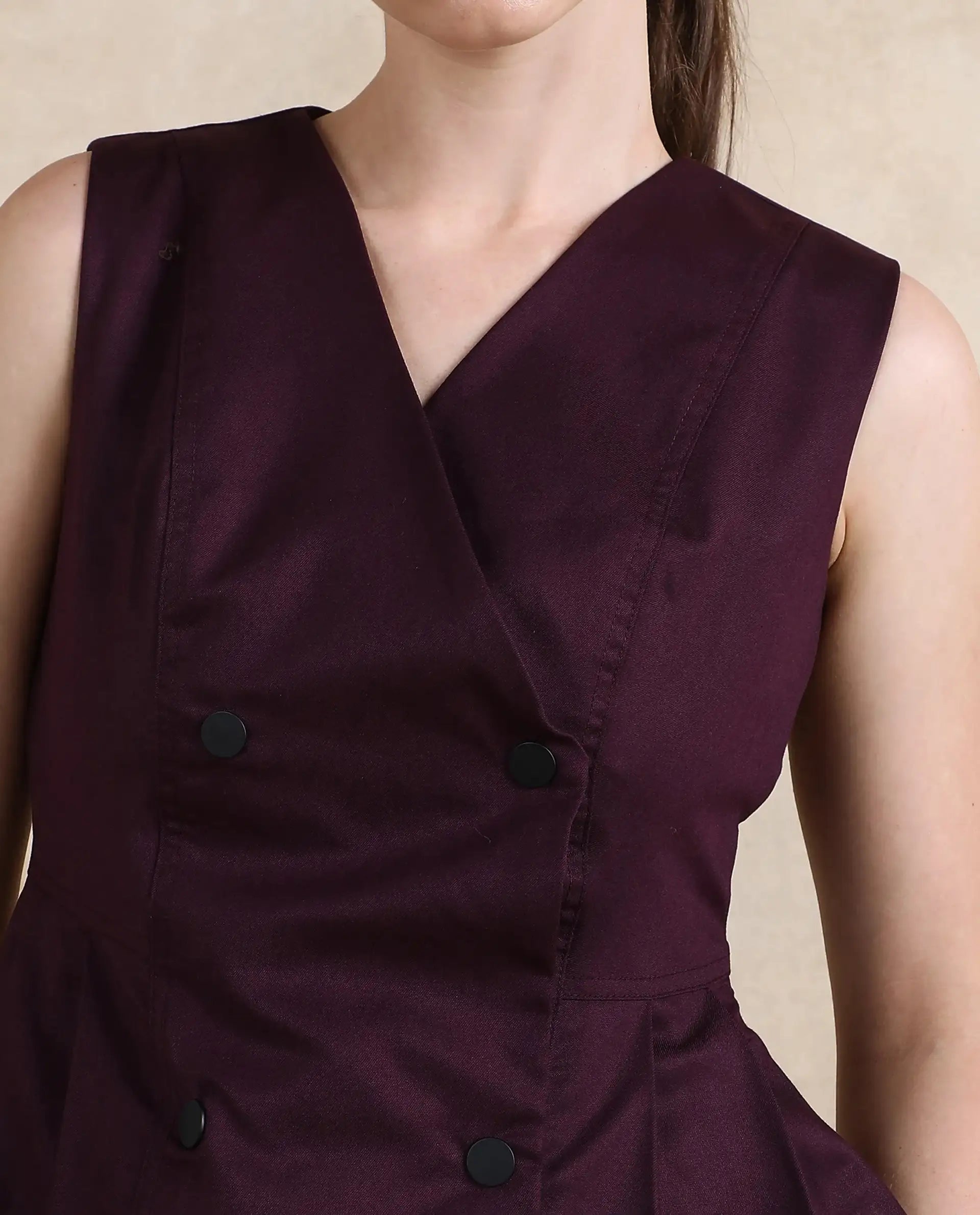 Rareism Women Rysa Purple Sleeveless V-Neck Button Closure Fit And Flare Plain Top