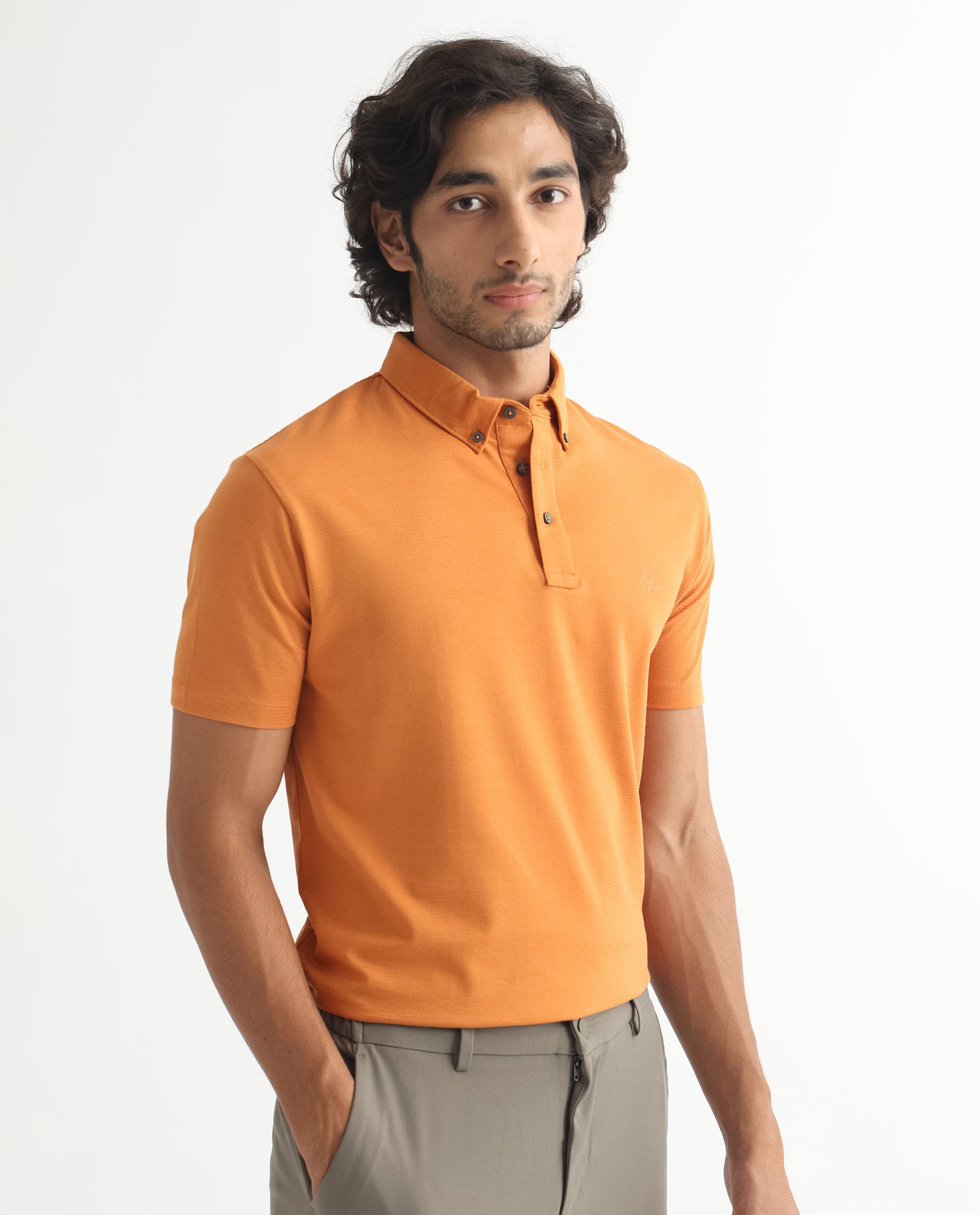 Rare Rabbit Men's Sailor-2S Orange Cotton Fabric Collared Neck Half Sleeve Polo T-Shirt