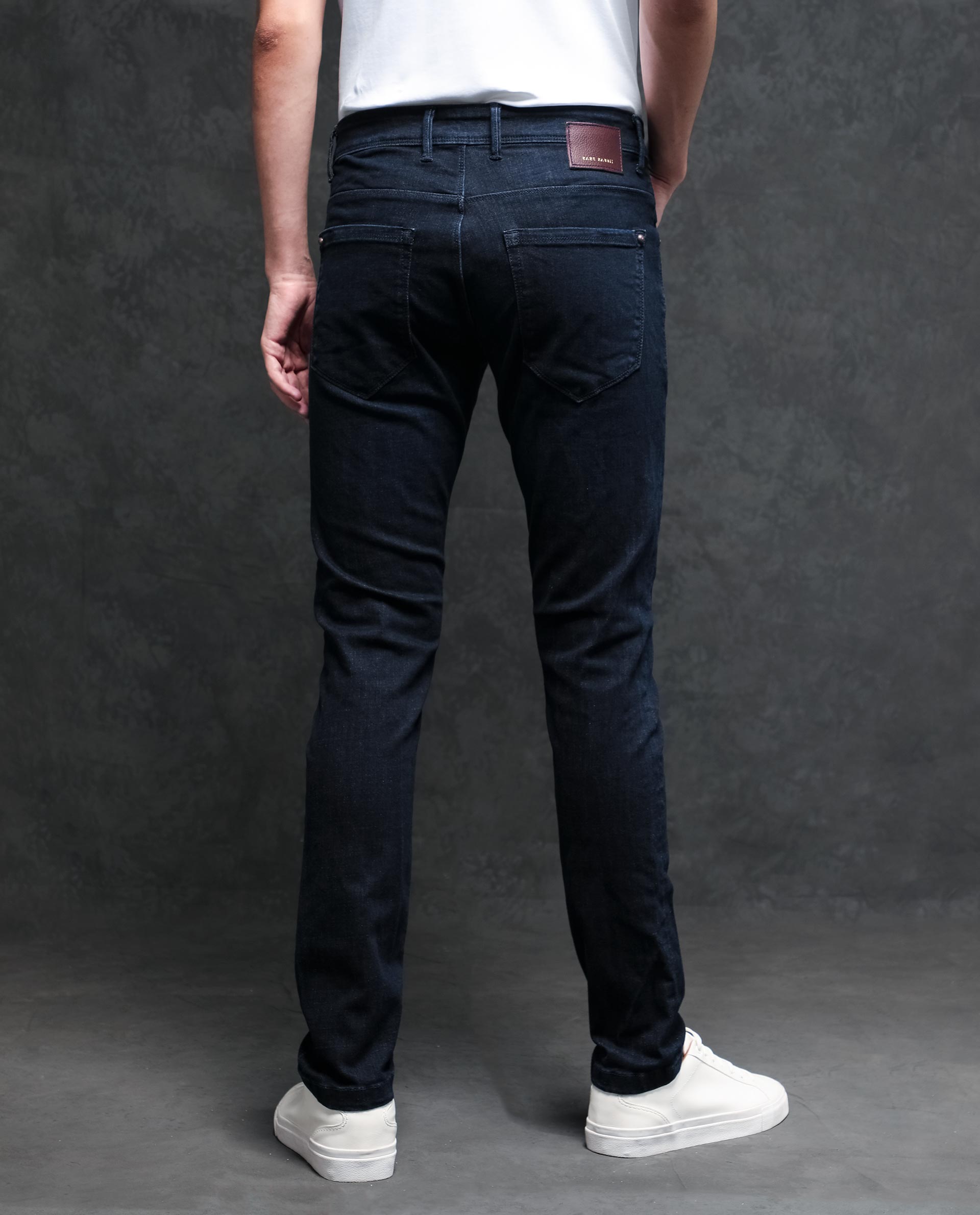 Rare Rabbit Men's Sain Dark Navy Cotton Polyester Fabric Dark Wash Mid-Rise Slim Fit Jeans