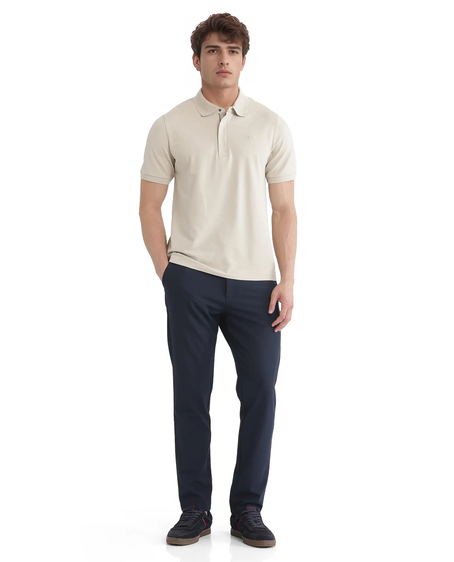 Rare Rabbit Men Salis-25 Beige Cotton Blend Fabric Short Sleeve Collared Neck Zipper/Snap Closure Plain Polo