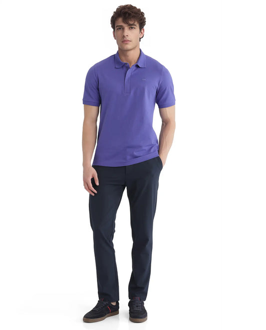 Rare Rabbit Men Salis-25 Purple Cotton Blend Fabric Short Sleeve Collared Neck Zipper/Snap Closure Plain Polo