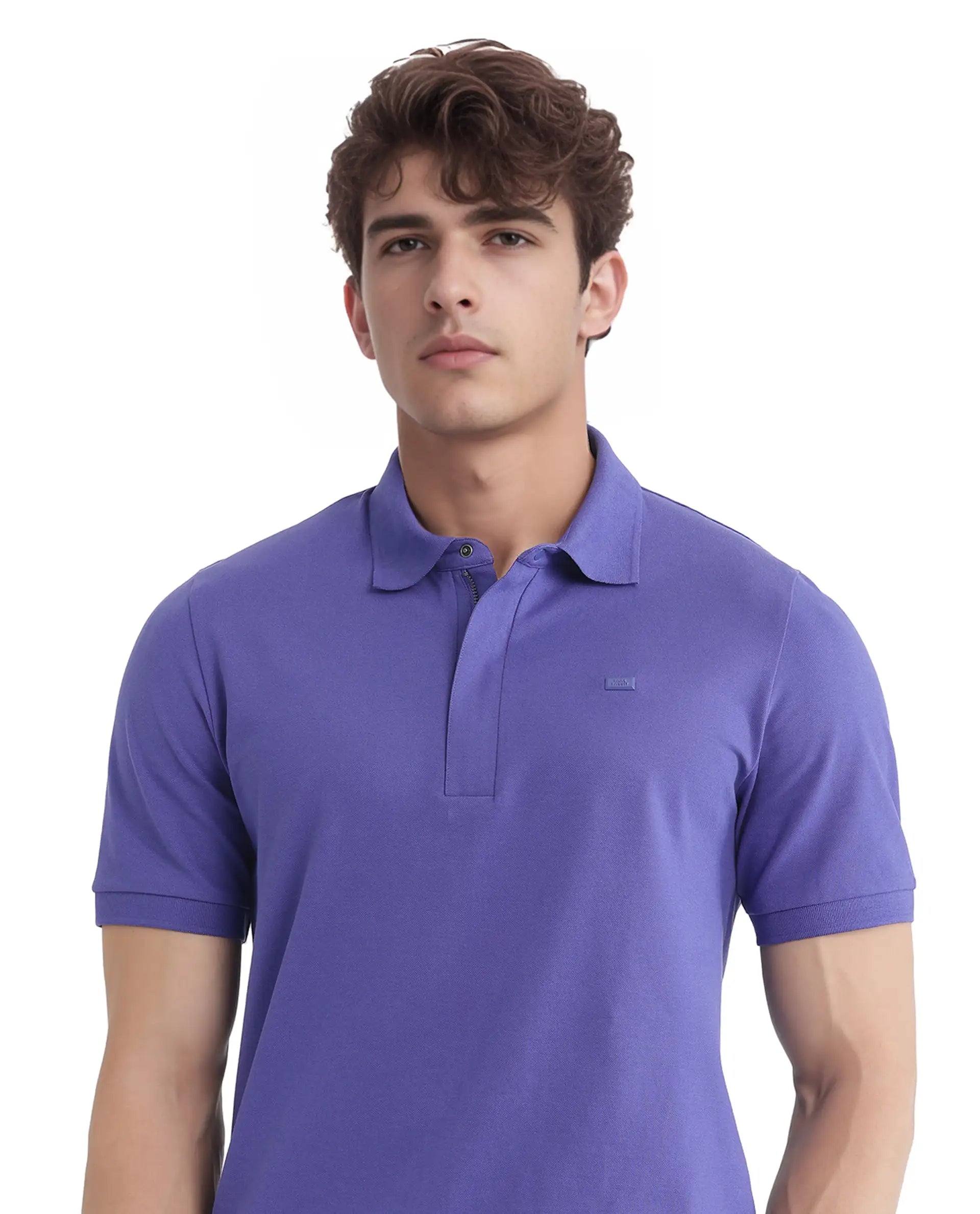 Rare Rabbit Men Salis-25 Purple Cotton Blend Fabric Short Sleeve Collared Neck Zipper/Snap Closure Plain Polo