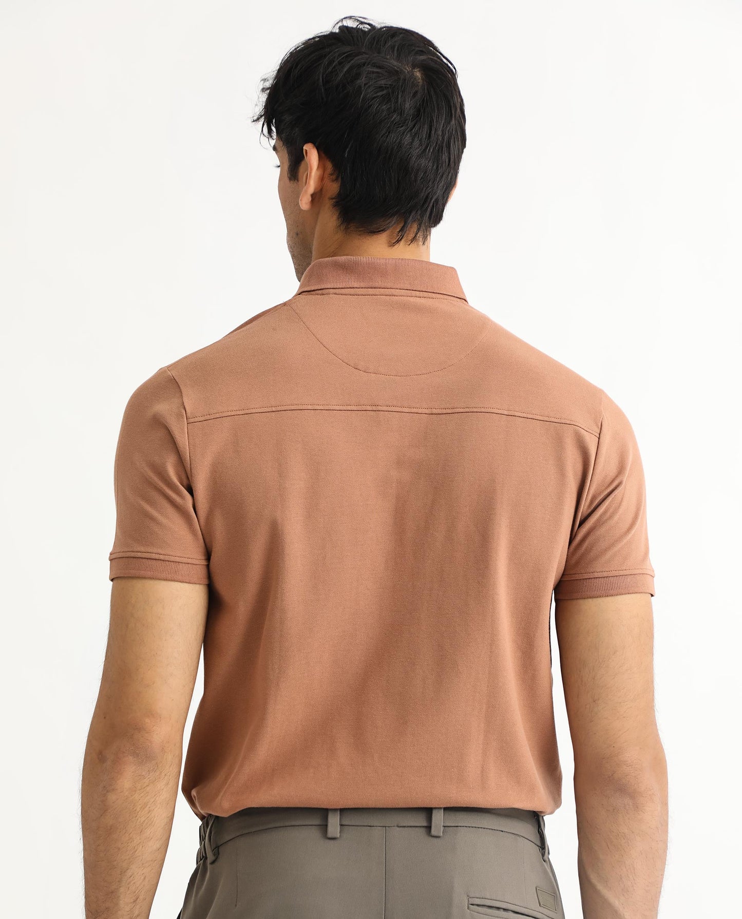 Rare Rabbit Men's Saliso Light Brown Cotton Fabric Collared Neck Zipper and Snap Button Closure Half Sleeve Polo T-Shirt