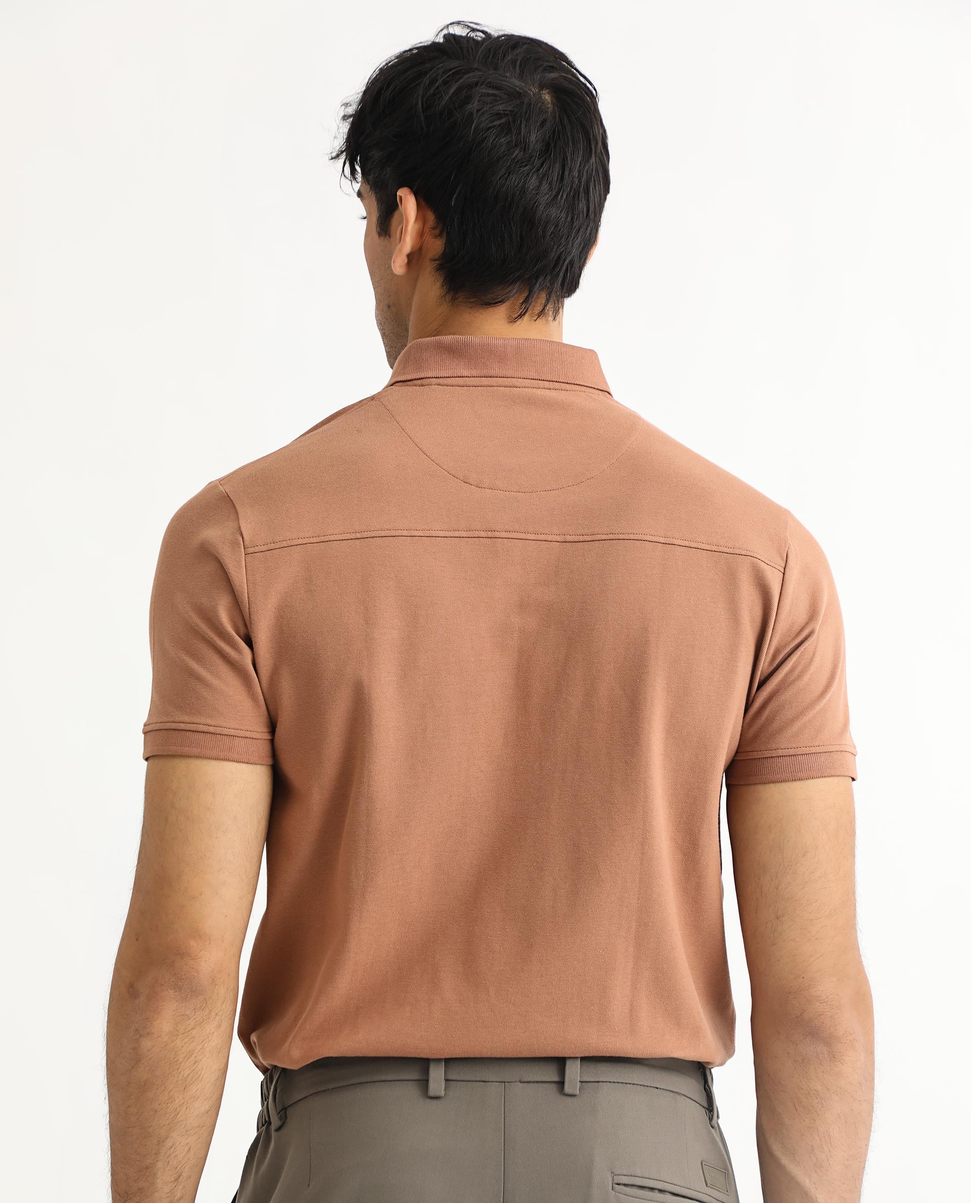 Rare Rabbit Men's Saliso Light Brown Cotton Fabric Collared Neck Zipper and Snap Button Closure Half Sleeve Polo T-Shirt
