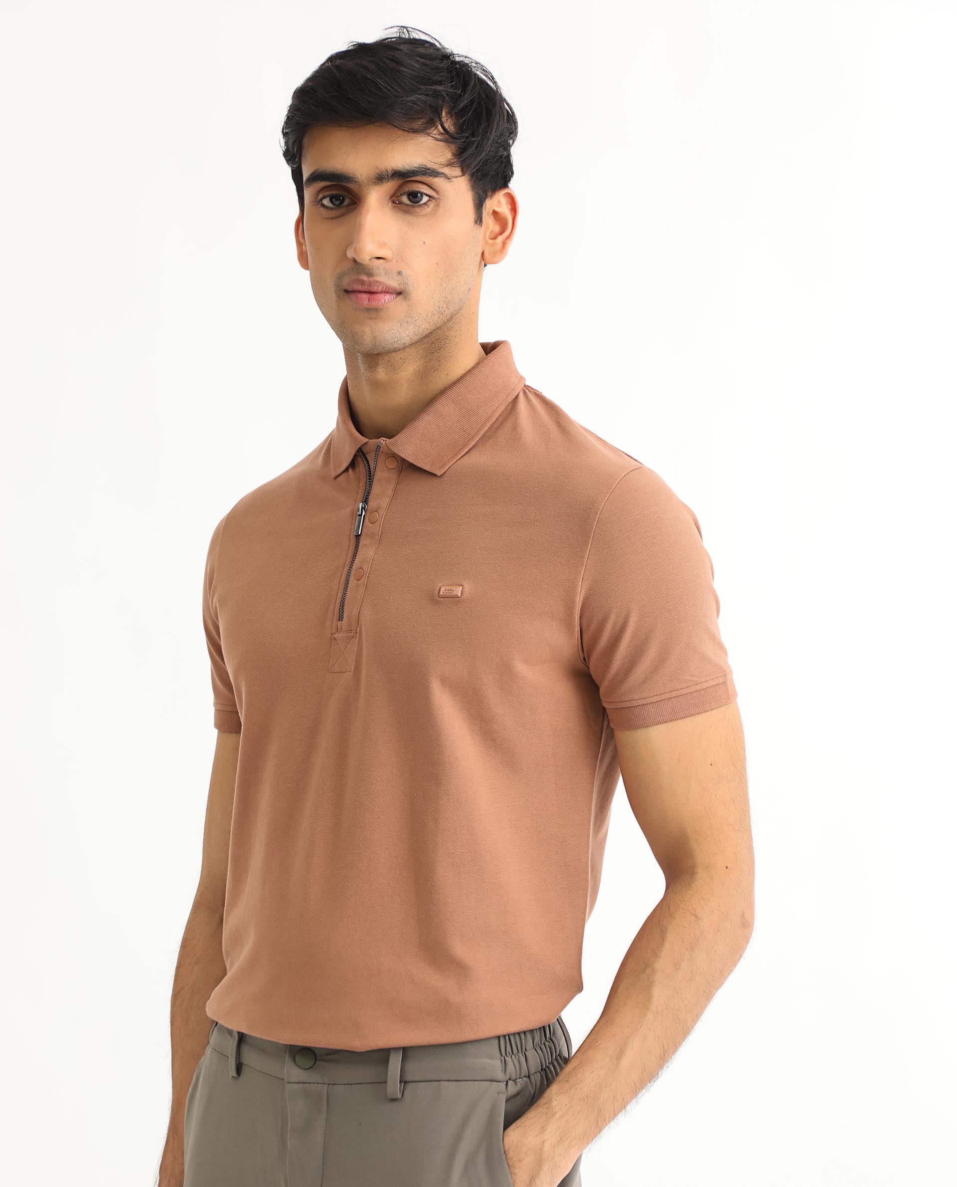 Rare Rabbit Men's Saliso Light Brown Cotton Fabric Collared Neck Zipper and Snap Button Closure Half Sleeve Polo T-Shirt
