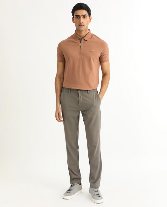 Rare Rabbit Men's Saliso Light Brown Cotton Fabric Collared Neck Zipper and Snap Button Closure Half Sleeve Polo T-Shirt