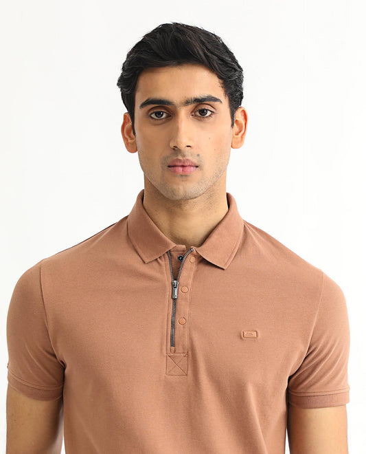 Rare Rabbit Men's Saliso Light Brown Cotton Fabric Collared Neck Zipper and Snap Button Closure Half Sleeve Polo T-Shirt