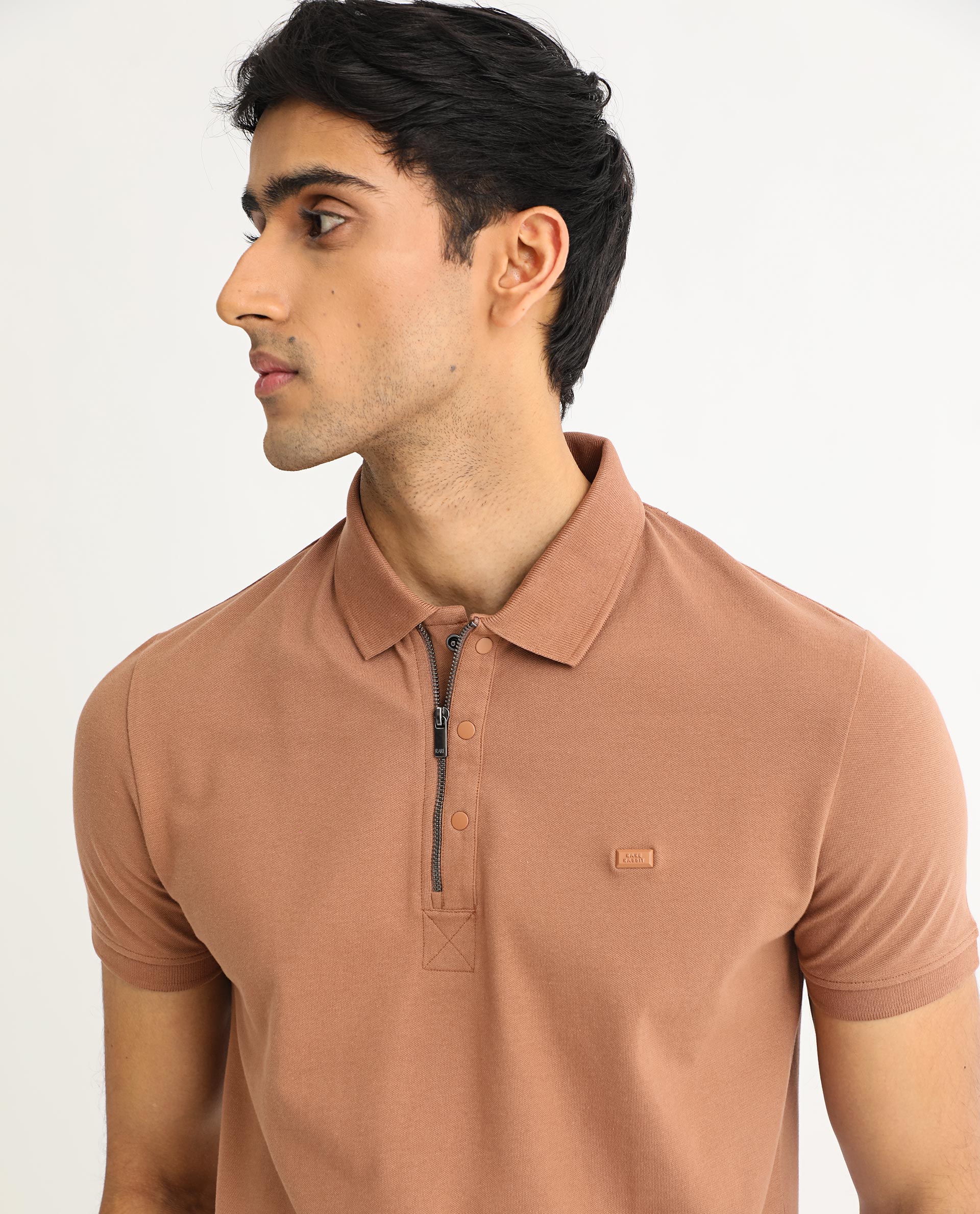 Rare Rabbit Men's Saliso Light Brown Cotton Fabric Collared Neck Zipper and Snap Button Closure Half Sleeve Polo T-Shirt