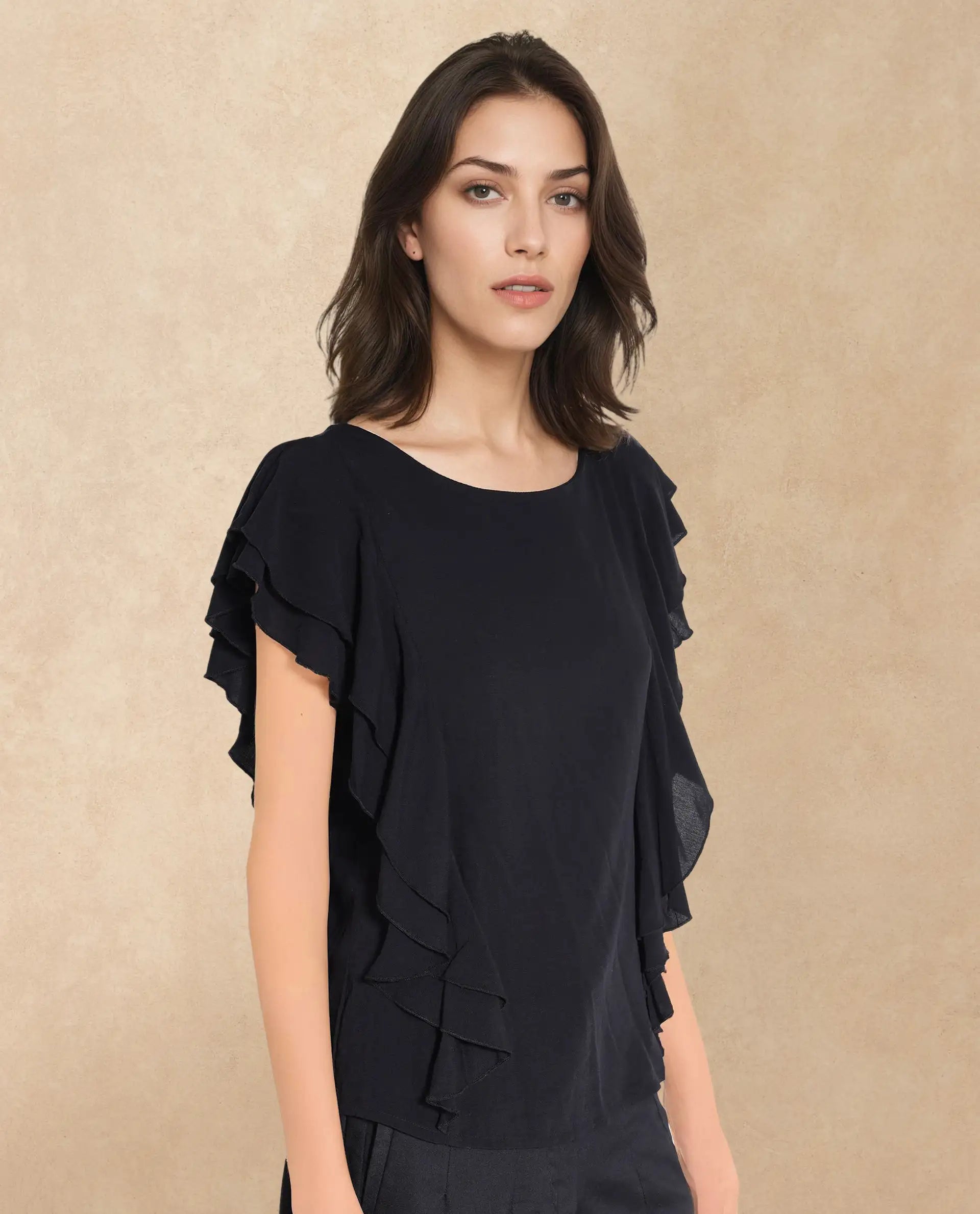Rareism Women Samal Black Ruffled Sleeves Boat Neck Plain Top