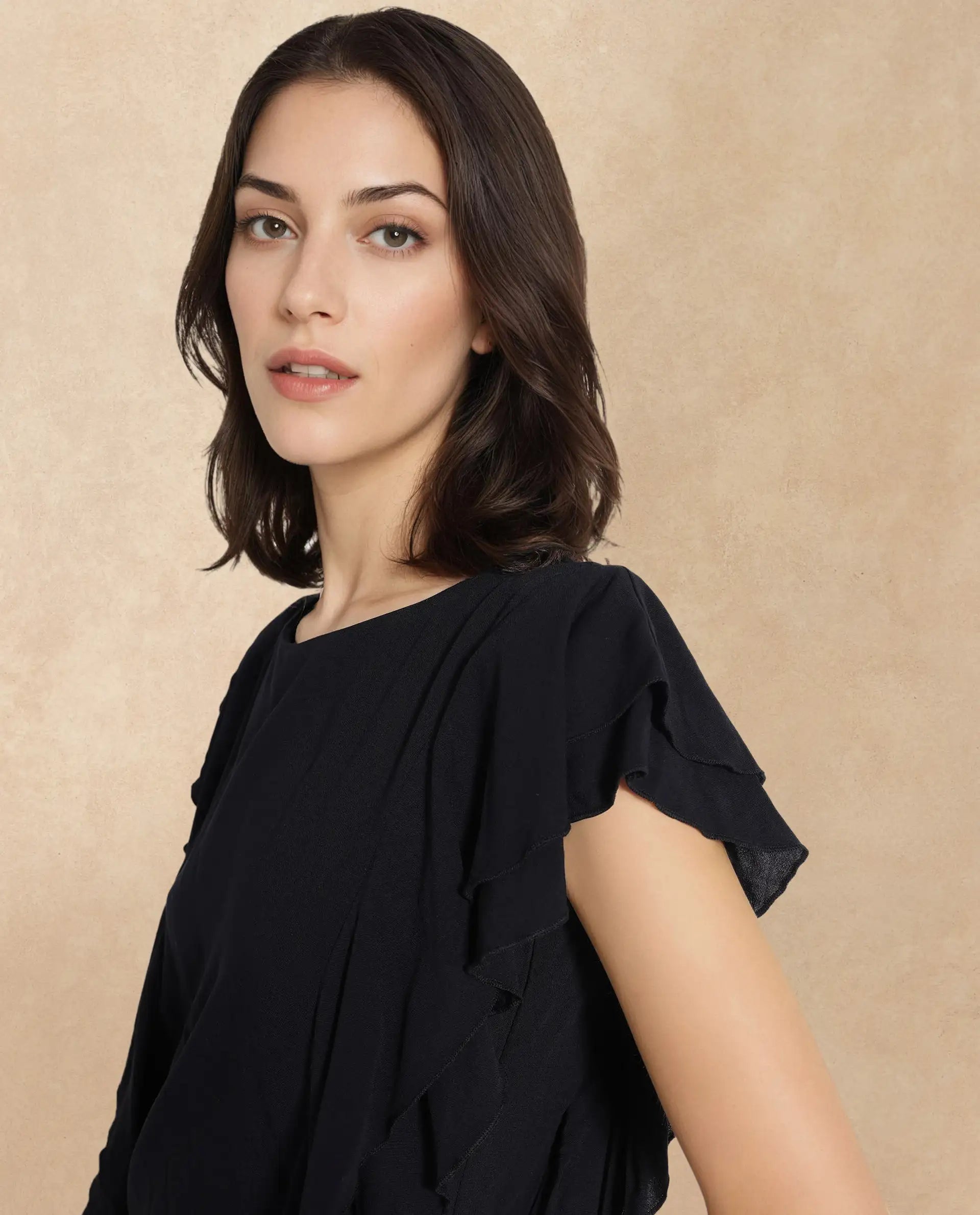 Rareism Women Samal Black Ruffled Sleeves Boat Neck Plain Top