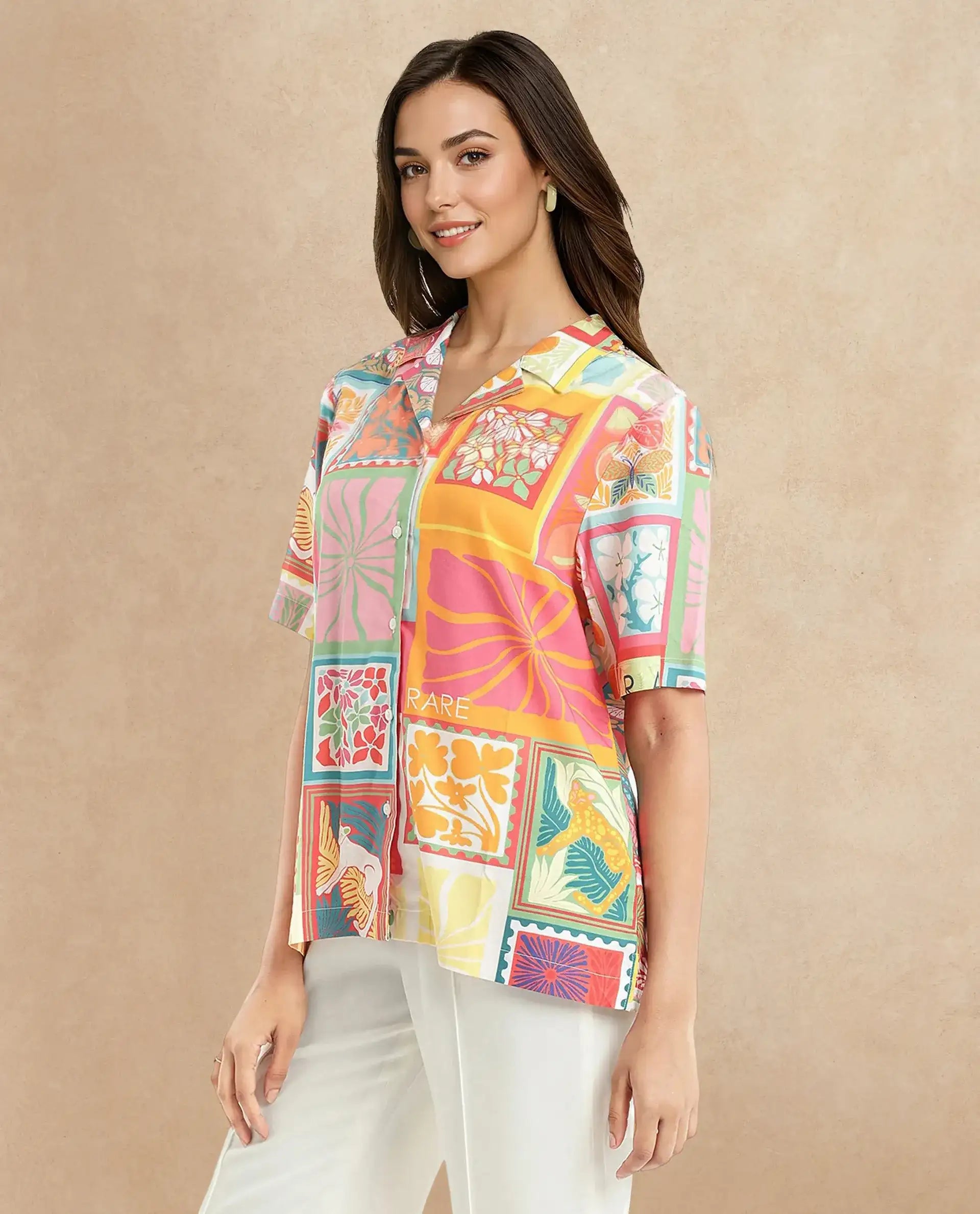 Rareism Women Sampige Multi Short Sleeve Collared Neck Button Closure Relaxed Fit Abstract Print Top