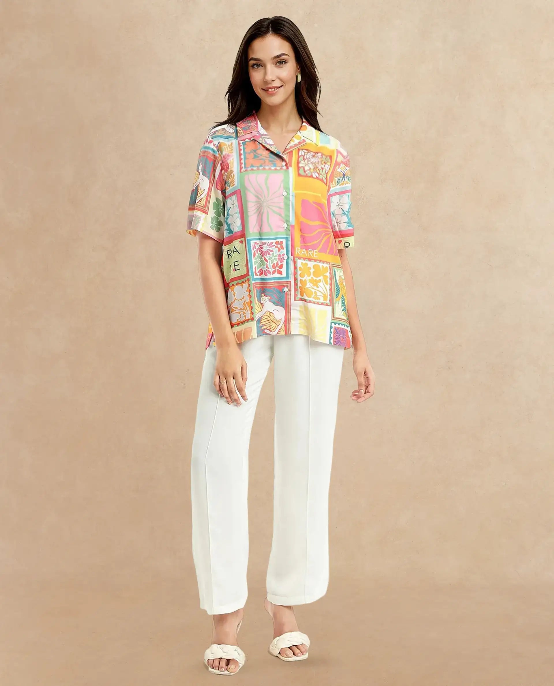 Rareism Women Sampige Multi Short Sleeve Collared Neck Button Closure Relaxed Fit Abstract Print Top