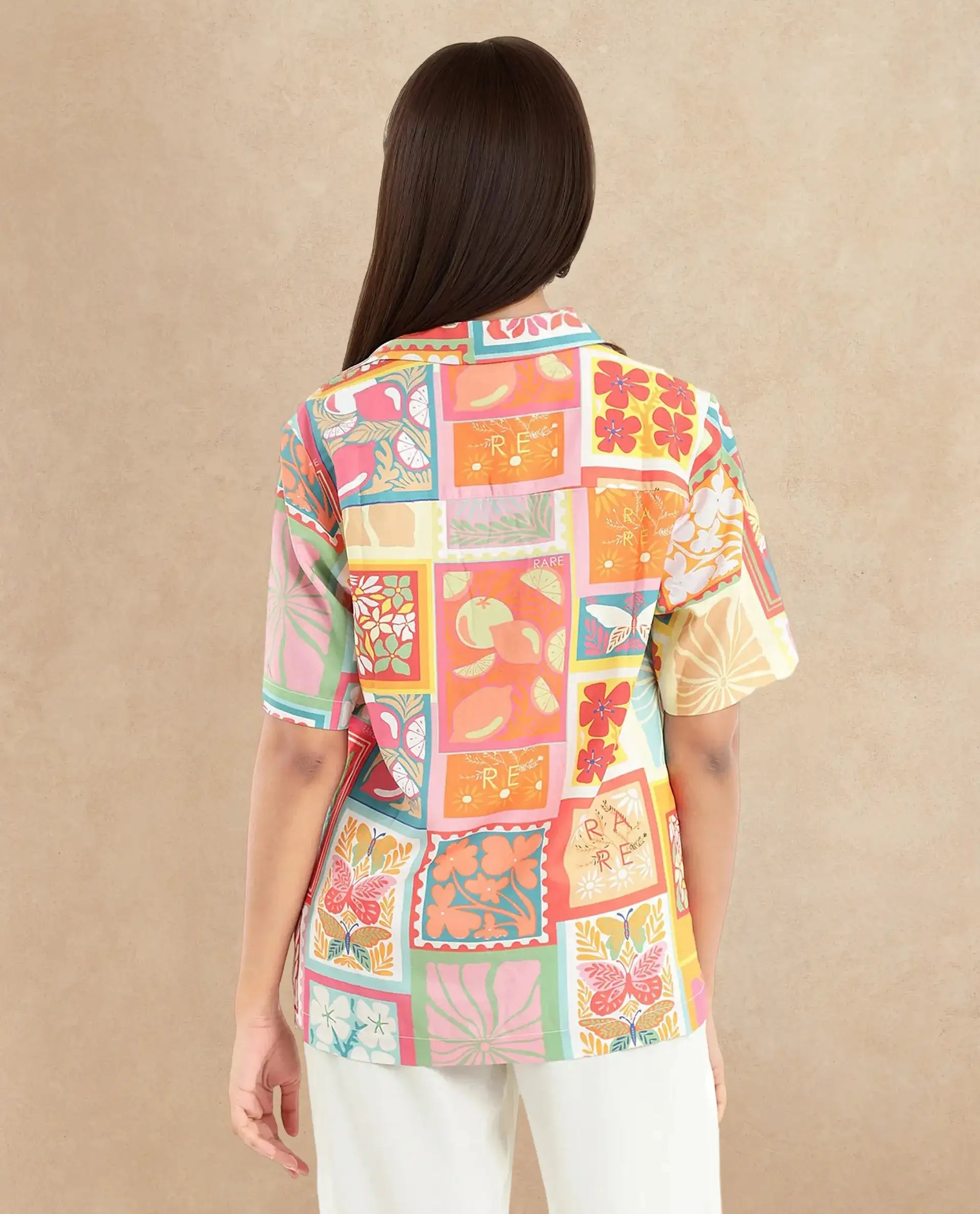 Rareism Women Sampige Multi Short Sleeve Collared Neck Button Closure Relaxed Fit Abstract Print Top