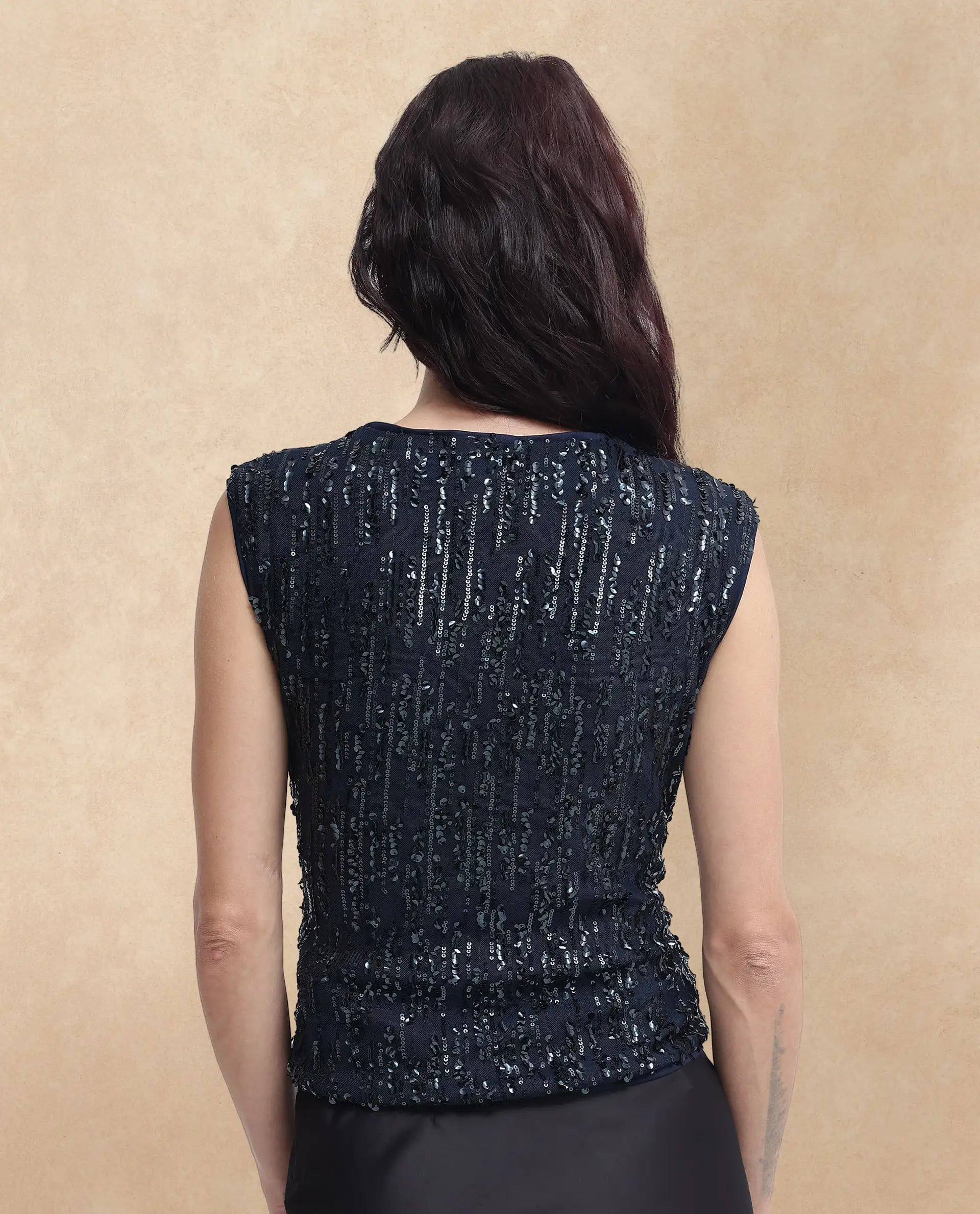 Rareism Women Saot Metallic Navy Cotton Fabric Sleeveless Embellished Top