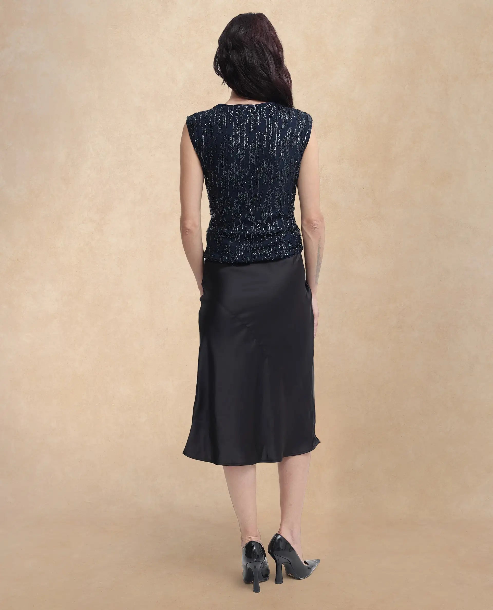 Rareism Women Saot Metallic Navy Cotton Fabric Sleeveless Embellished Top