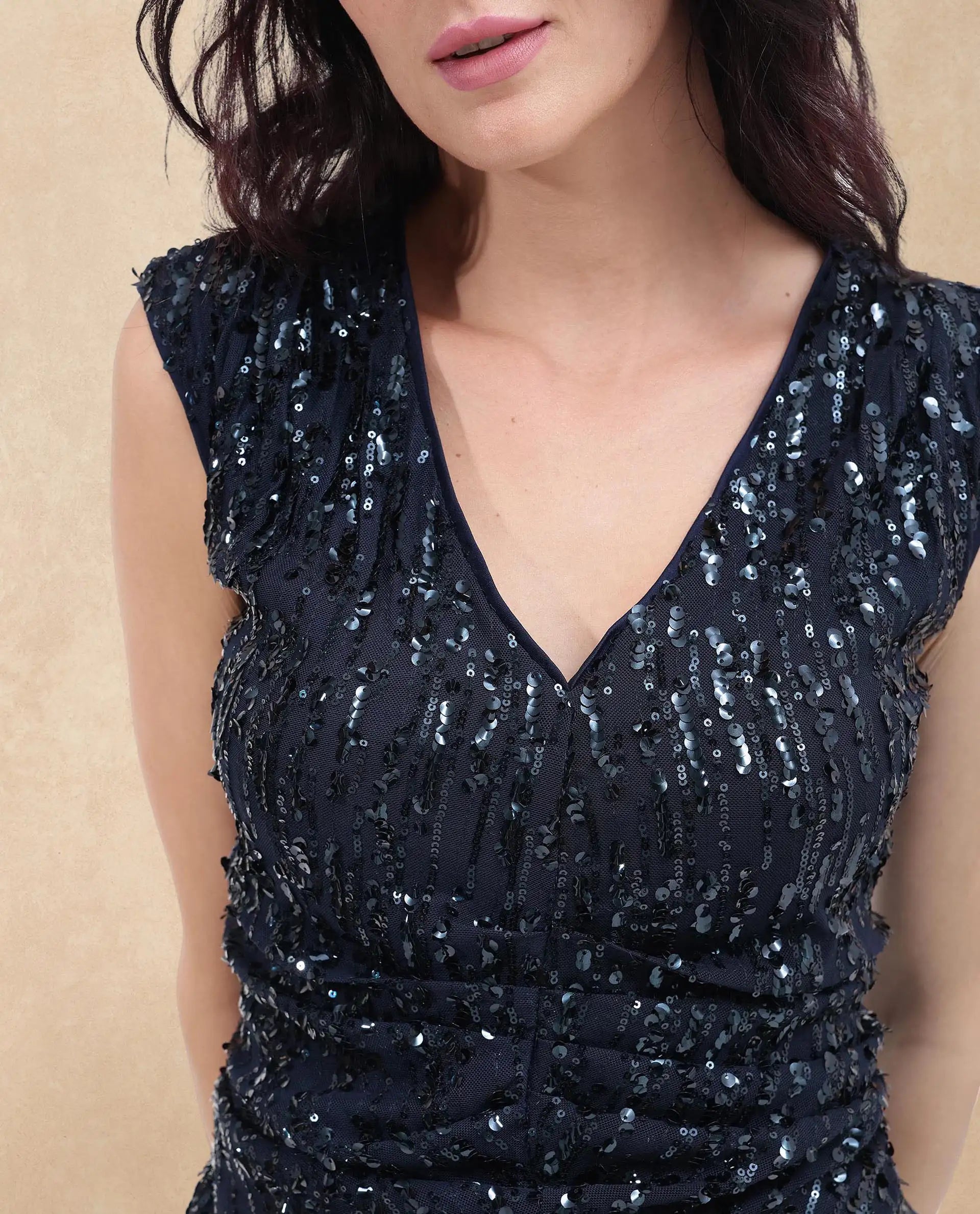 Rareism Women Saot Metallic Navy Cotton Fabric Sleeveless Embellished Top