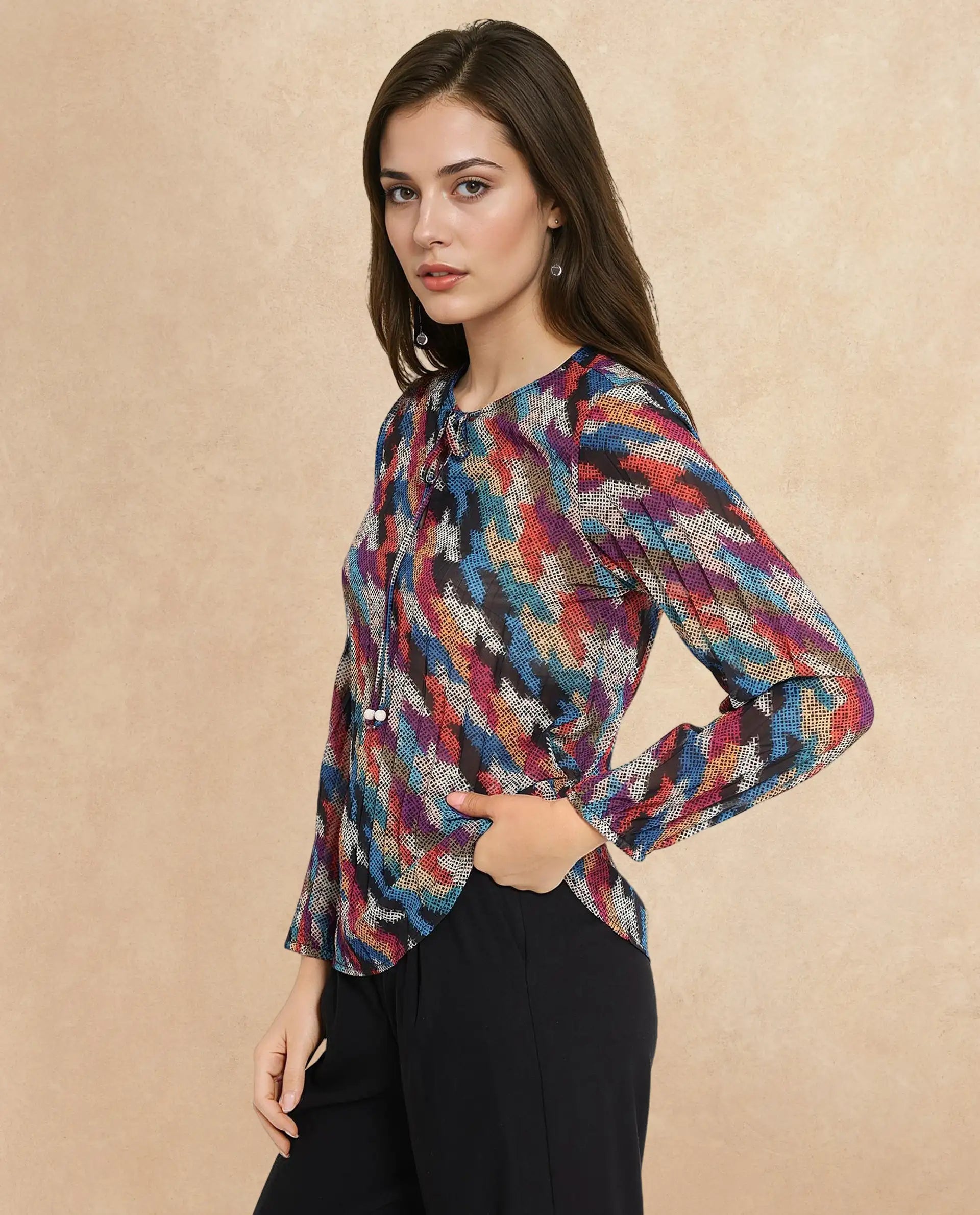 Rareism Women Scooby Multi 3/4Th Sleeve Tie-Up Neck Tie Up Closure Relaxed Fit Abstract Print Top