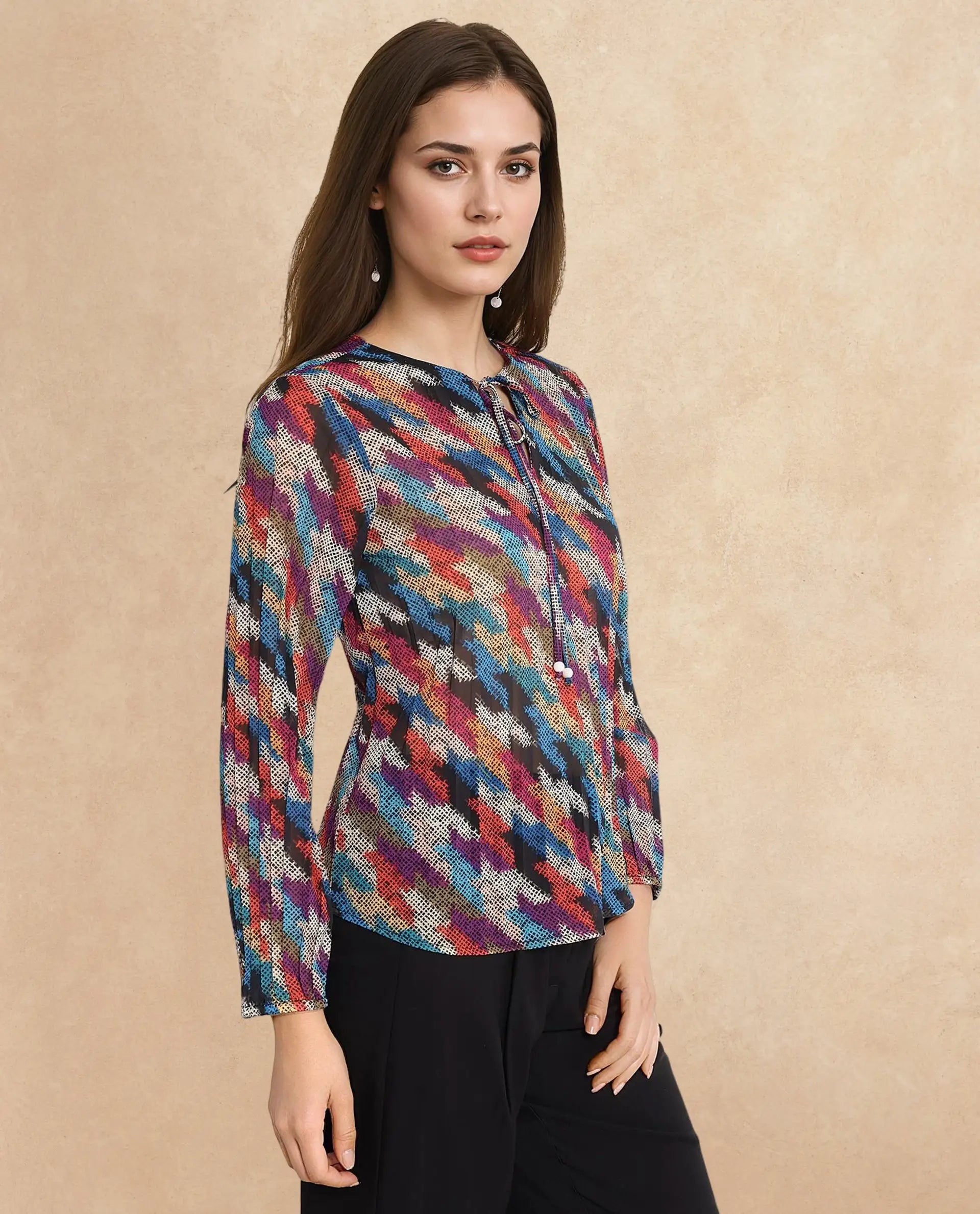 Rareism Women Scooby Multi 3/4Th Sleeve Tie-Up Neck Tie Up Closure Relaxed Fit Abstract Print Top