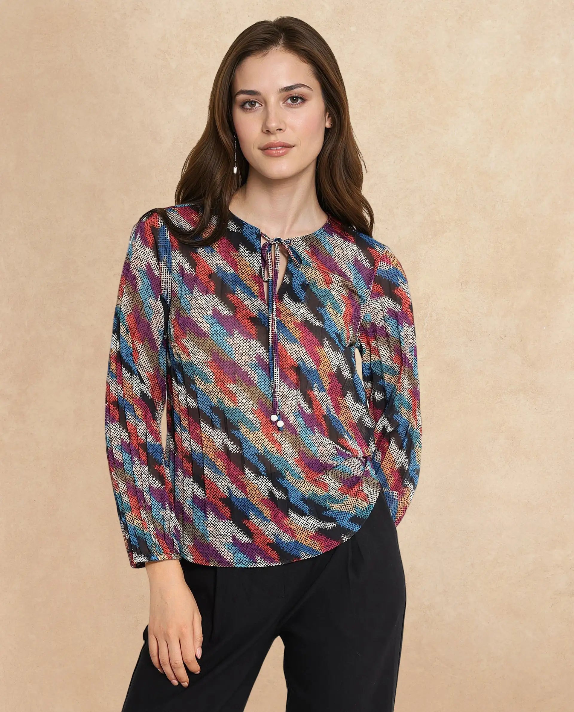 Rareism Women Scooby Multi 3/4Th Sleeve Tie-Up Neck Tie Up Closure Relaxed Fit Abstract Print Top