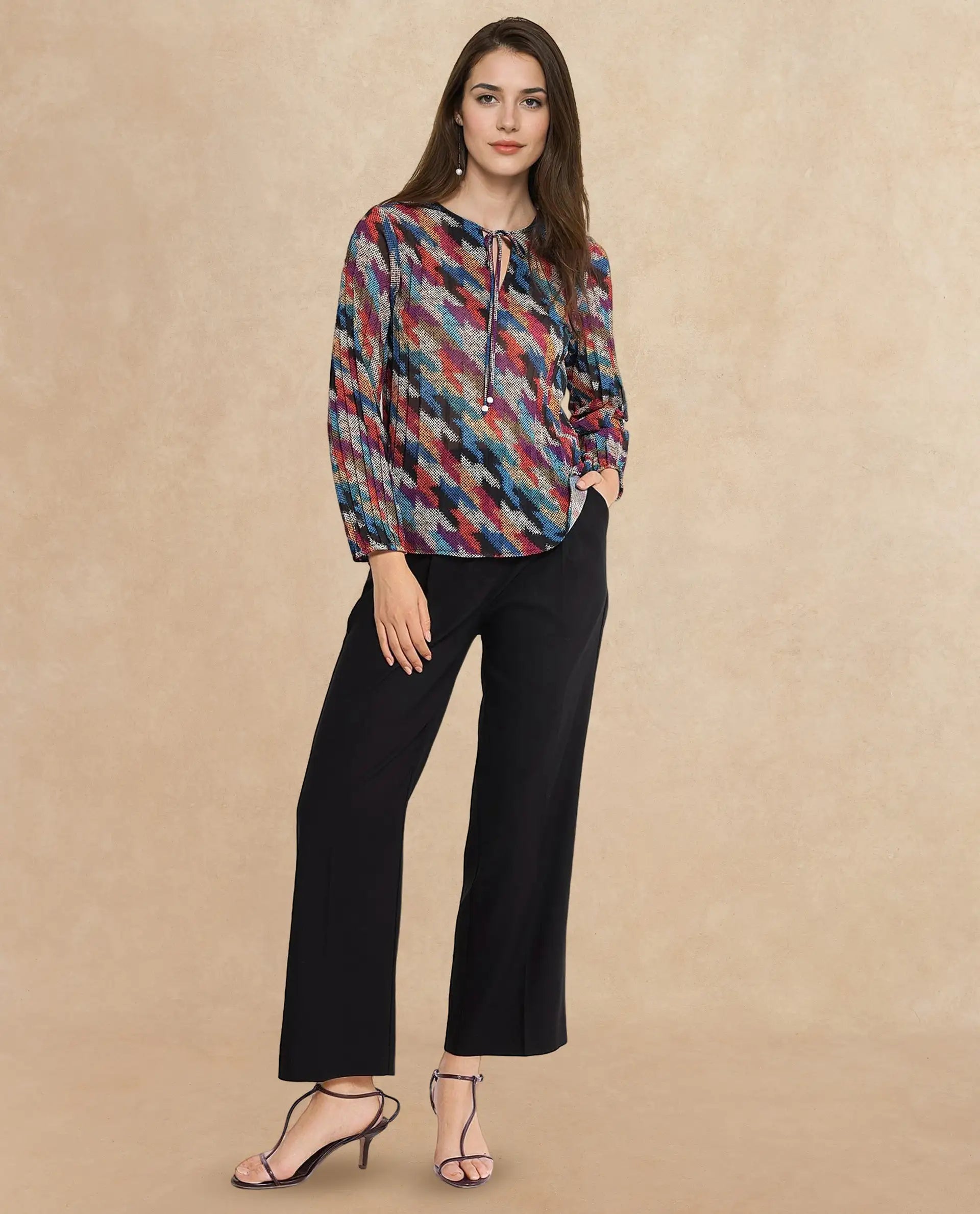 Rareism Women Scooby Multi 3/4Th Sleeve Tie-Up Neck Tie Up Closure Relaxed Fit Abstract Print Top