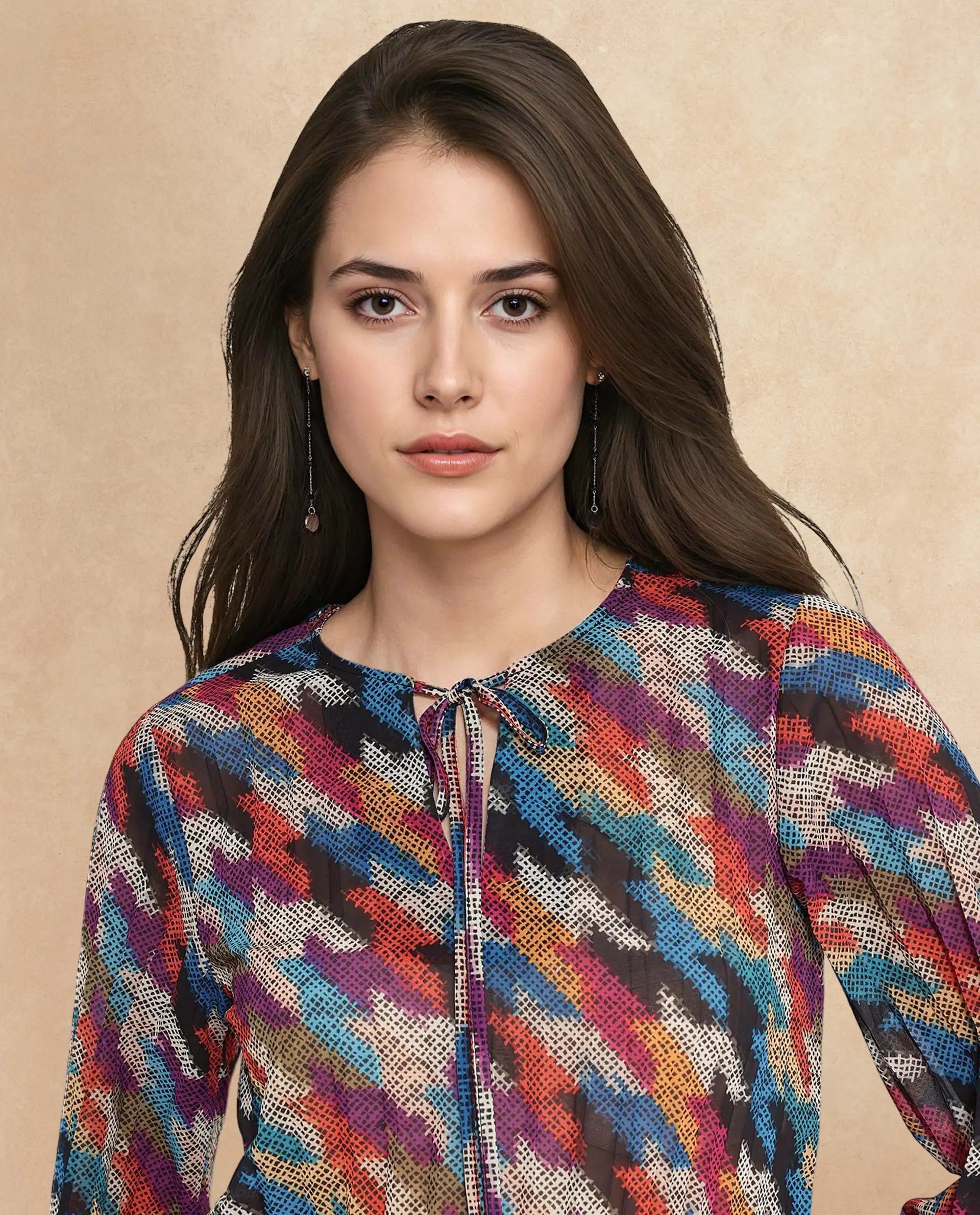 Rareism Women Scooby Multi 3/4Th Sleeve Tie-Up Neck Tie Up Closure Relaxed Fit Abstract Print Top