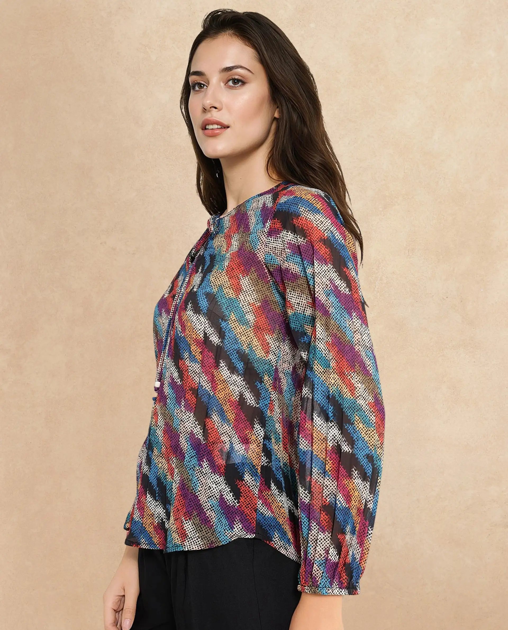 Rareism Women Scooby Multi 3/4Th Sleeve Tie-Up Neck Tie Up Closure Relaxed Fit Abstract Print Top