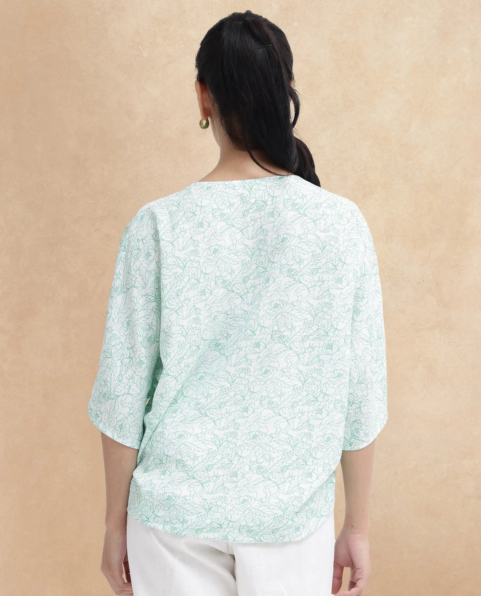 Rareism Women Sepio-T Light Green Extended Sleeves V-Neck Relaxed Fit Floral Print Top