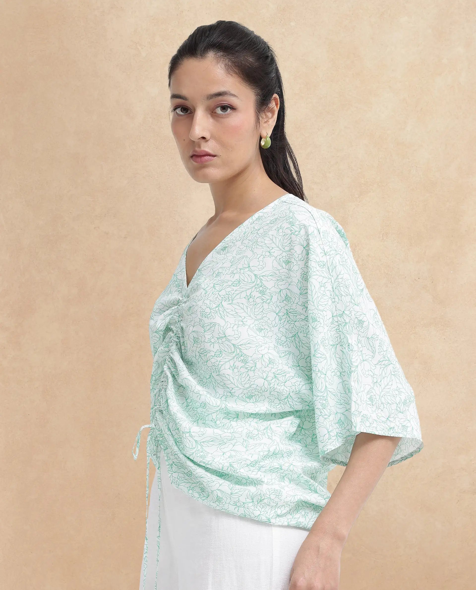 Rareism Women Sepio-T Light Green Extended Sleeves V-Neck Relaxed Fit Floral Print Top