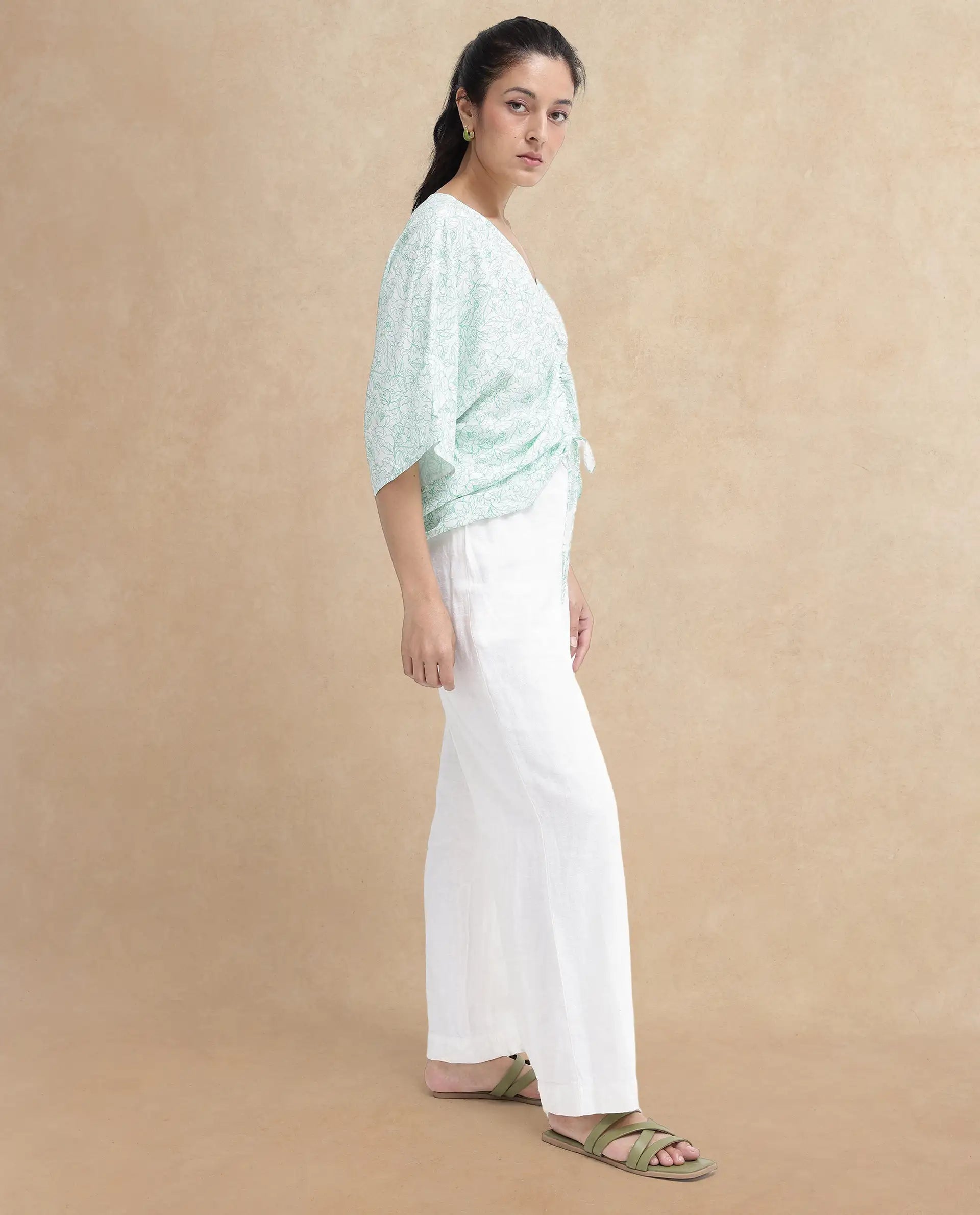 Rareism Women Sepio-T Light Green Extended Sleeves V-Neck Relaxed Fit Floral Print Top