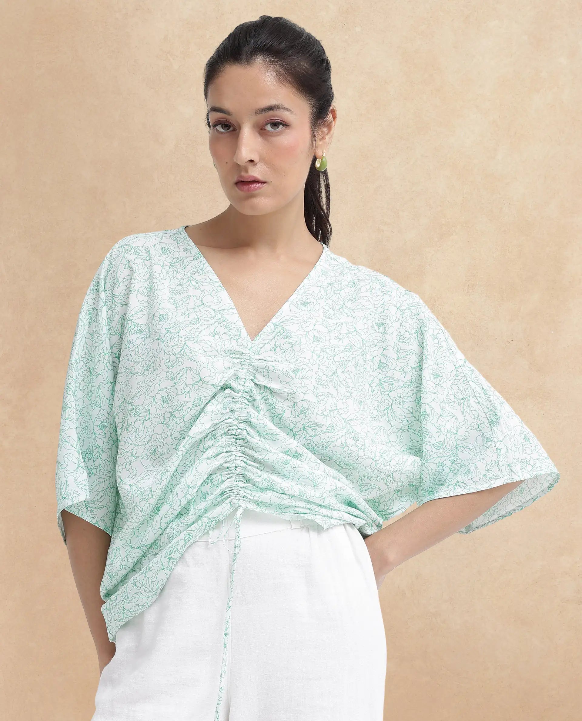 Rareism Women Sepio-T Light Green Extended Sleeves V-Neck Relaxed Fit Floral Print Top