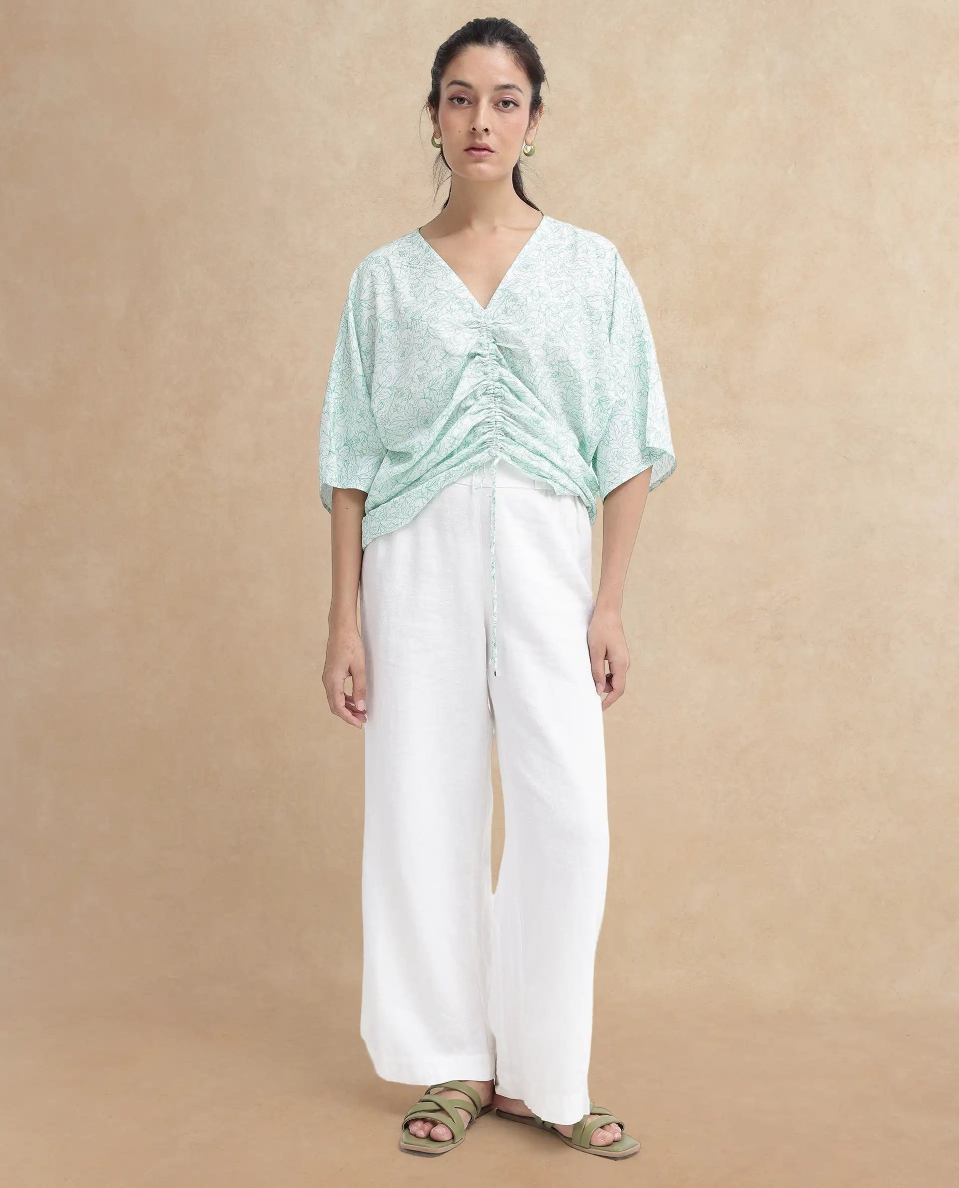 Rareism Women Sepio-T Light Green Extended Sleeves V-Neck Relaxed Fit Floral Print Top