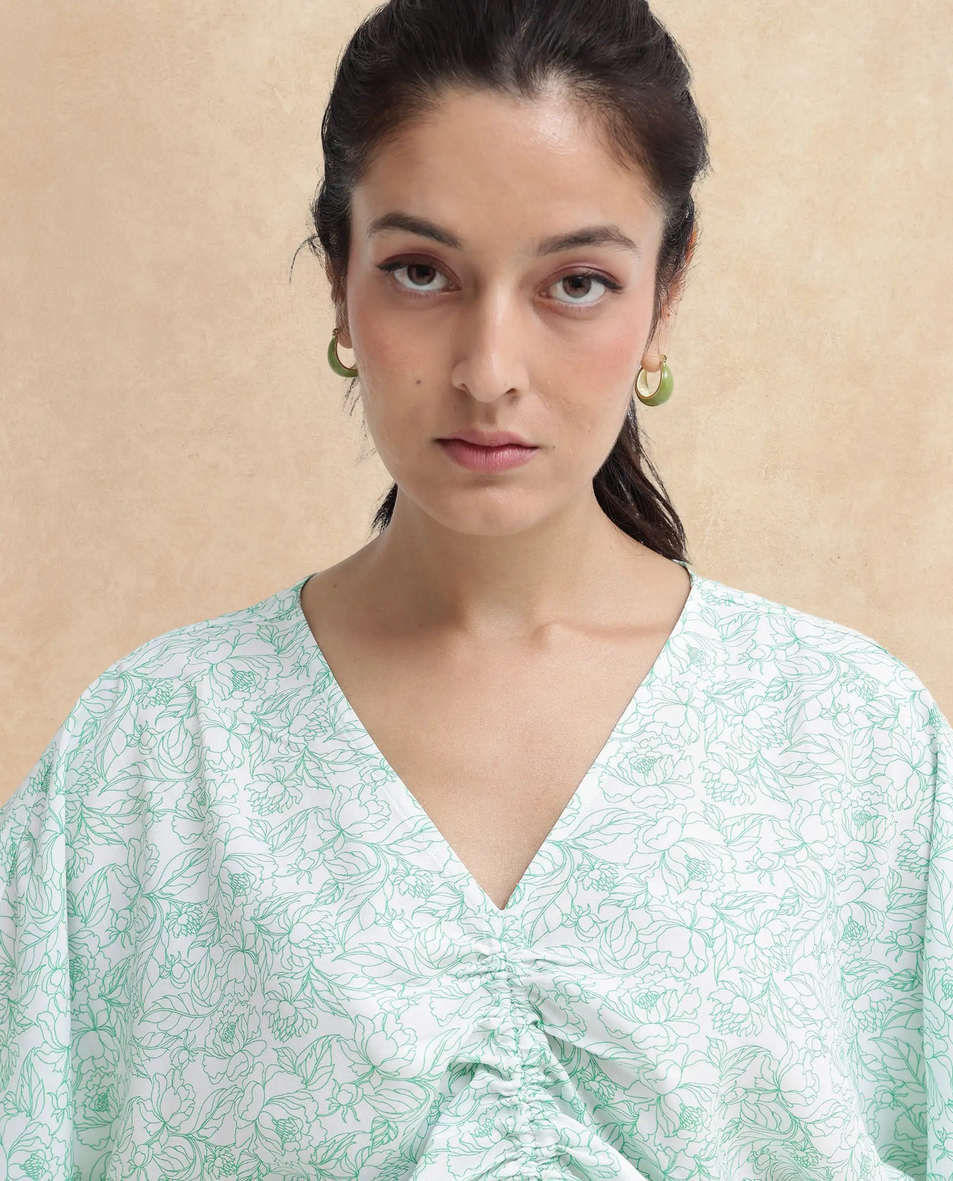 Rareism Women Sepio-T Light Green Extended Sleeves V-Neck Relaxed Fit Floral Print Top