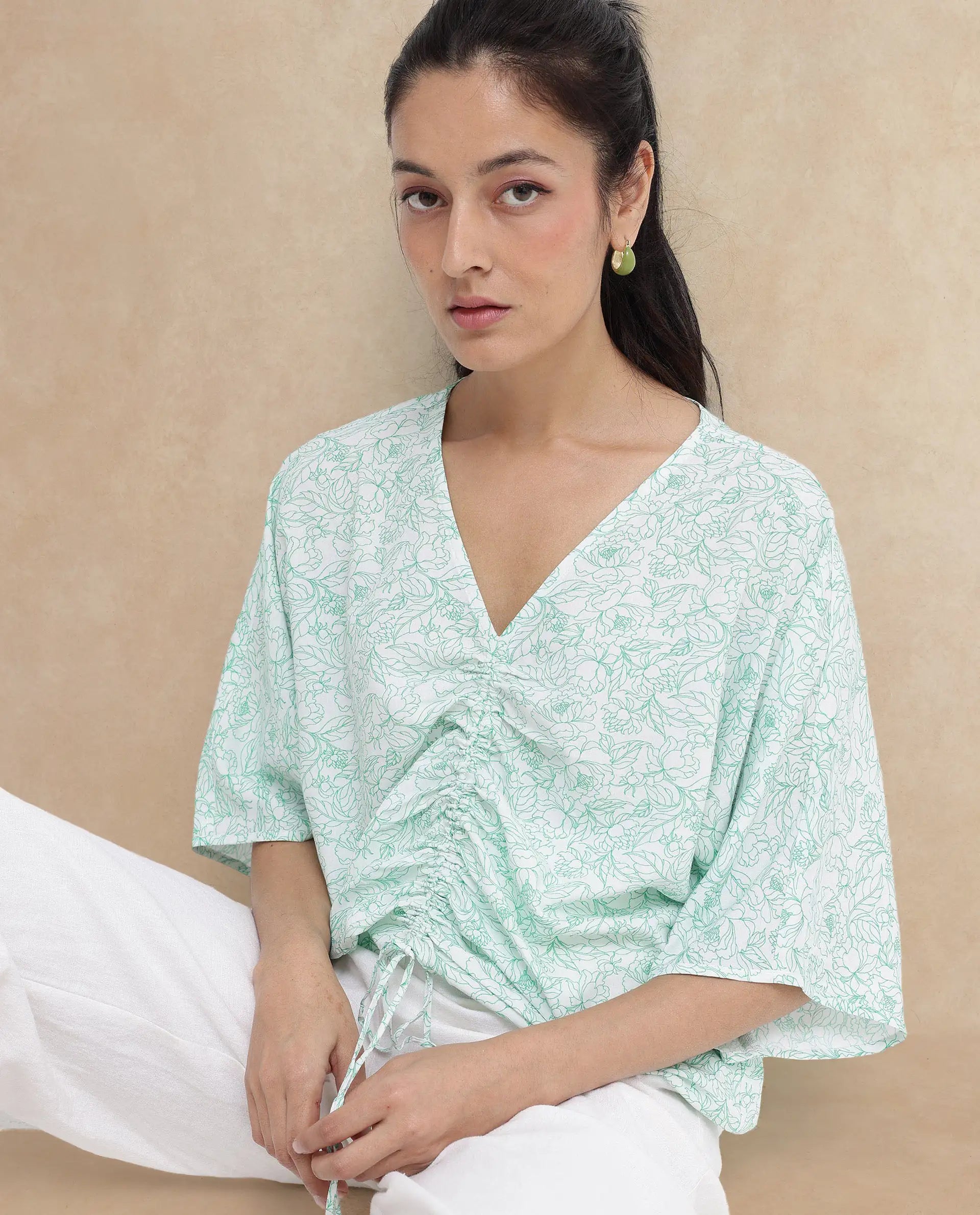 Rareism Women Sepio-T Light Green Extended Sleeves V-Neck Relaxed Fit Floral Print Top