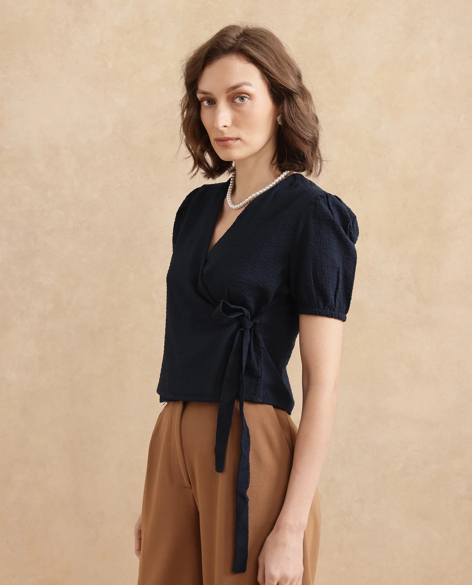 Rareism Women Serem Navy Bishop Sleeves V-Neck Regular Fit Plain Top