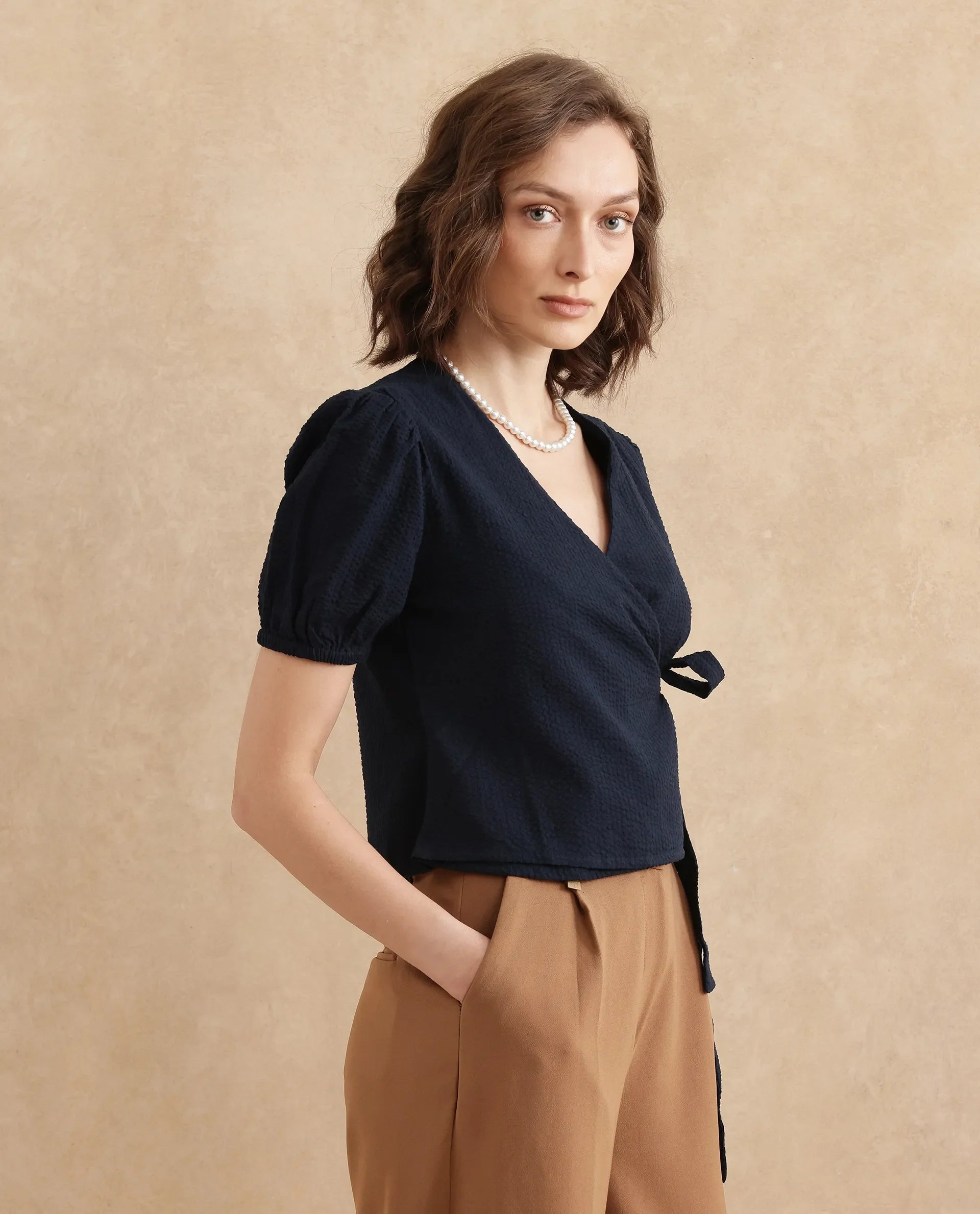Rareism Women Serem Navy Bishop Sleeves V-Neck Regular Fit Plain Top