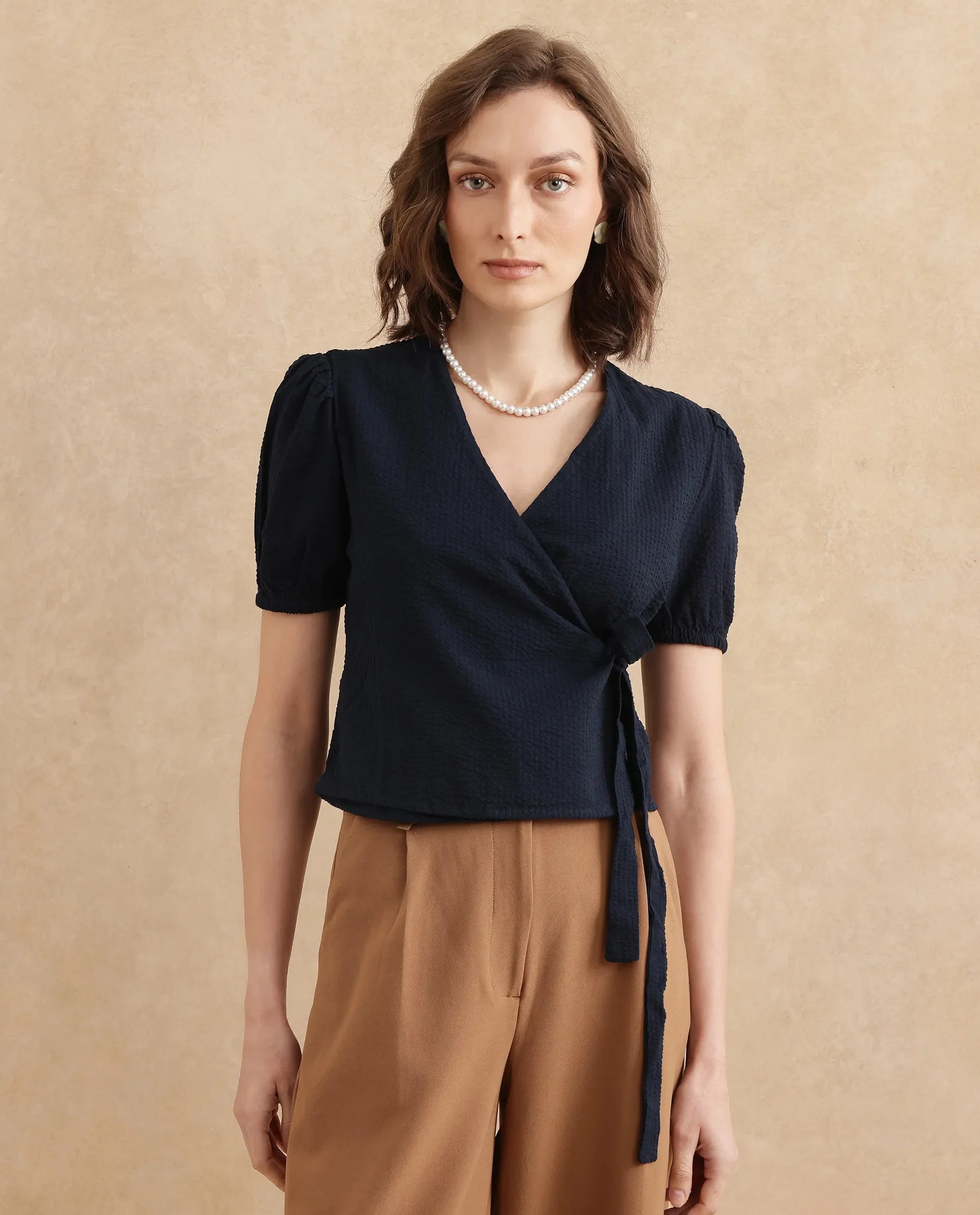 Rareism Women Serem Navy Bishop Sleeves V-Neck Regular Fit Plain Top